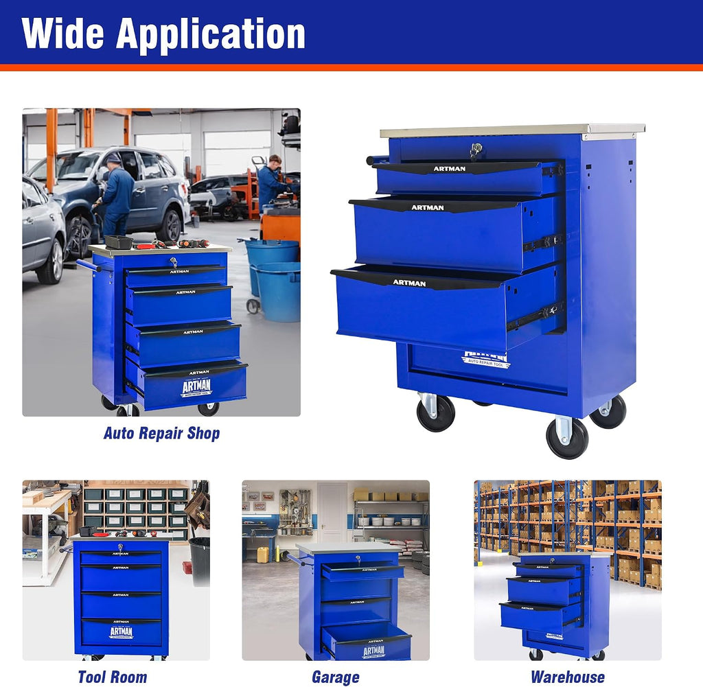 4 Drawers Tool Cart on Wheels with Stainless Steel Worktop, Heavy Duty Mobile Rolling Drawer Tool Chest with Locking Wheels & Lockable Drawers, Garage Tool Storage Cabinet (Blue, 4 Drawers)