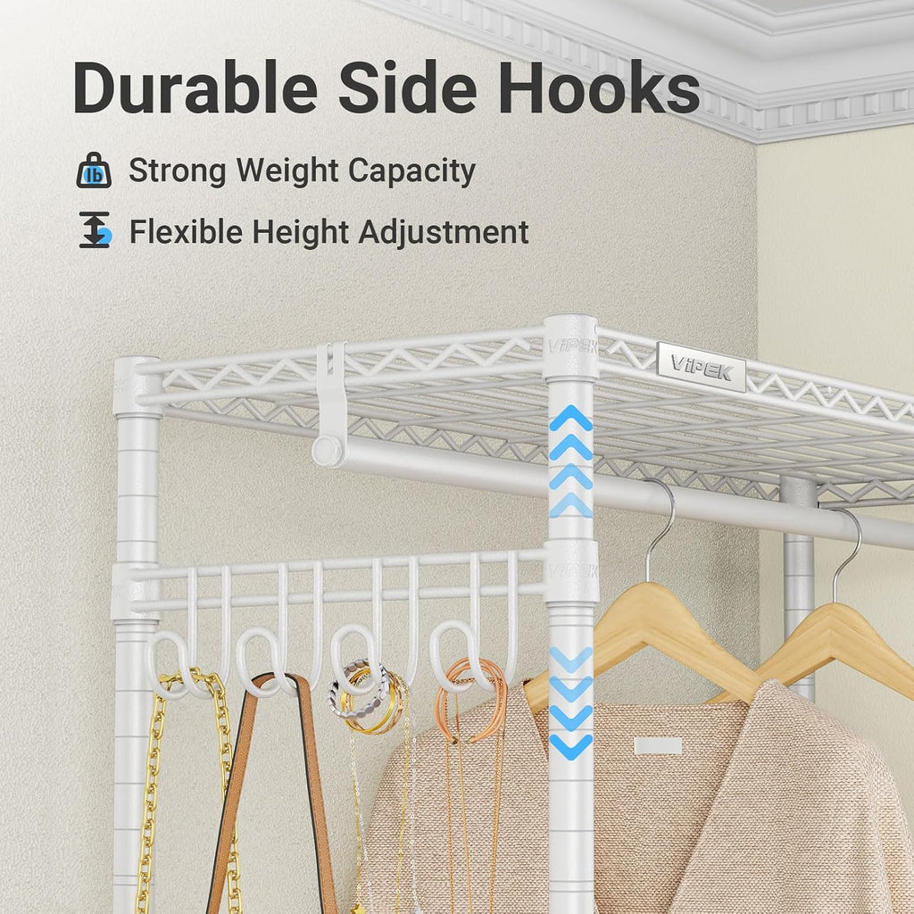 VIPEK V4 Garment Rack for Hanging Clothes, Portable Wardrobe Freestanding Closet Organizer, Heavy Duty Clothes Rack Metal Clothing Rack with 3 Hanging Rods & 2 Side Hooks, Max Load 810lbs, White