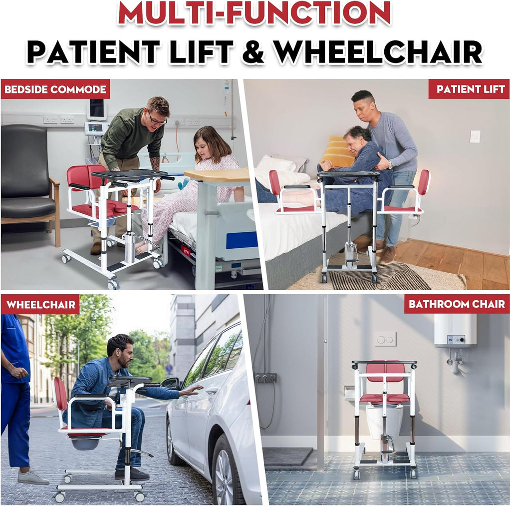 Patient Lift Transfer Chair - Heavy Duty Shower Commode Chair with Toilet Safety Frame (Dual A - Red)