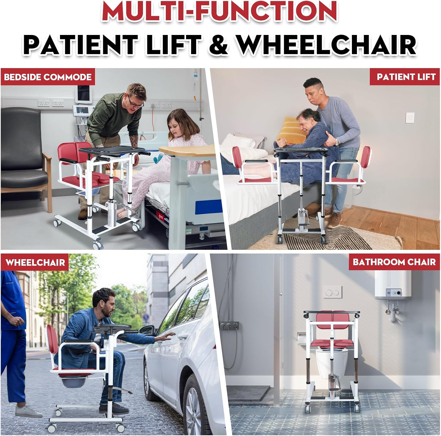 Patient Lift Transfer Chair - Heavy Duty Shower Commode Chair with Toilet Safety Frame (Dual A - Red)