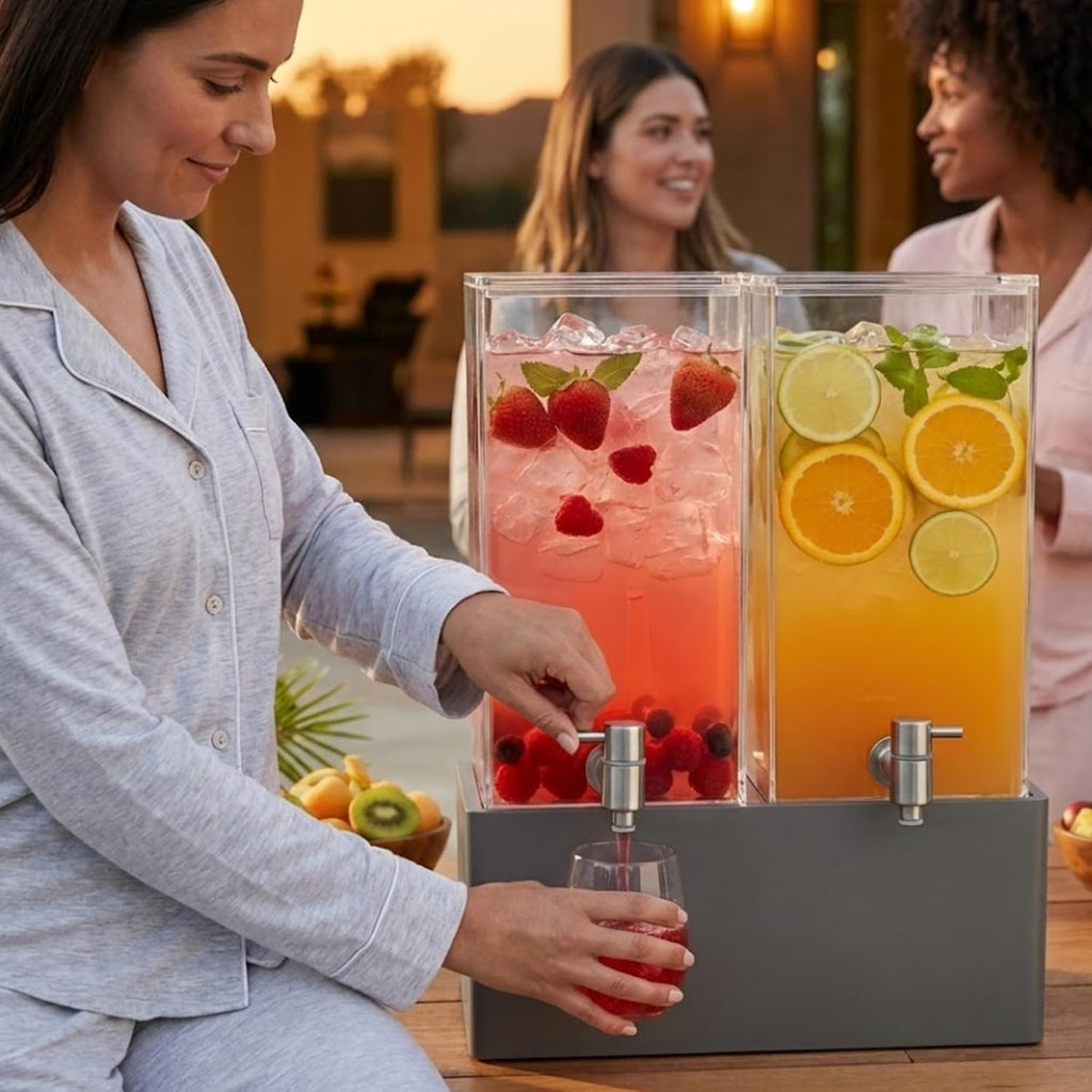 1.25 Gallon Dual Acrylic Beverage Dispenser with Gray Metal Stand – 2-Drink Server with Ice Chambers & Stainless Steel Spouts