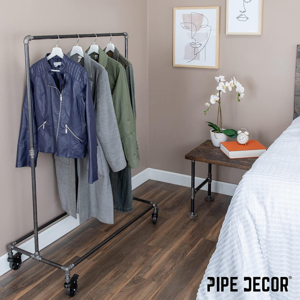PIPE DECOR 39' x 20 ¼' x 58' Rolling Steel Pipe Clothing Rack, Commercial or Residential Industrial Clothes Display, Heavy Duty Black Steel Metal Wheeled Garment Frame