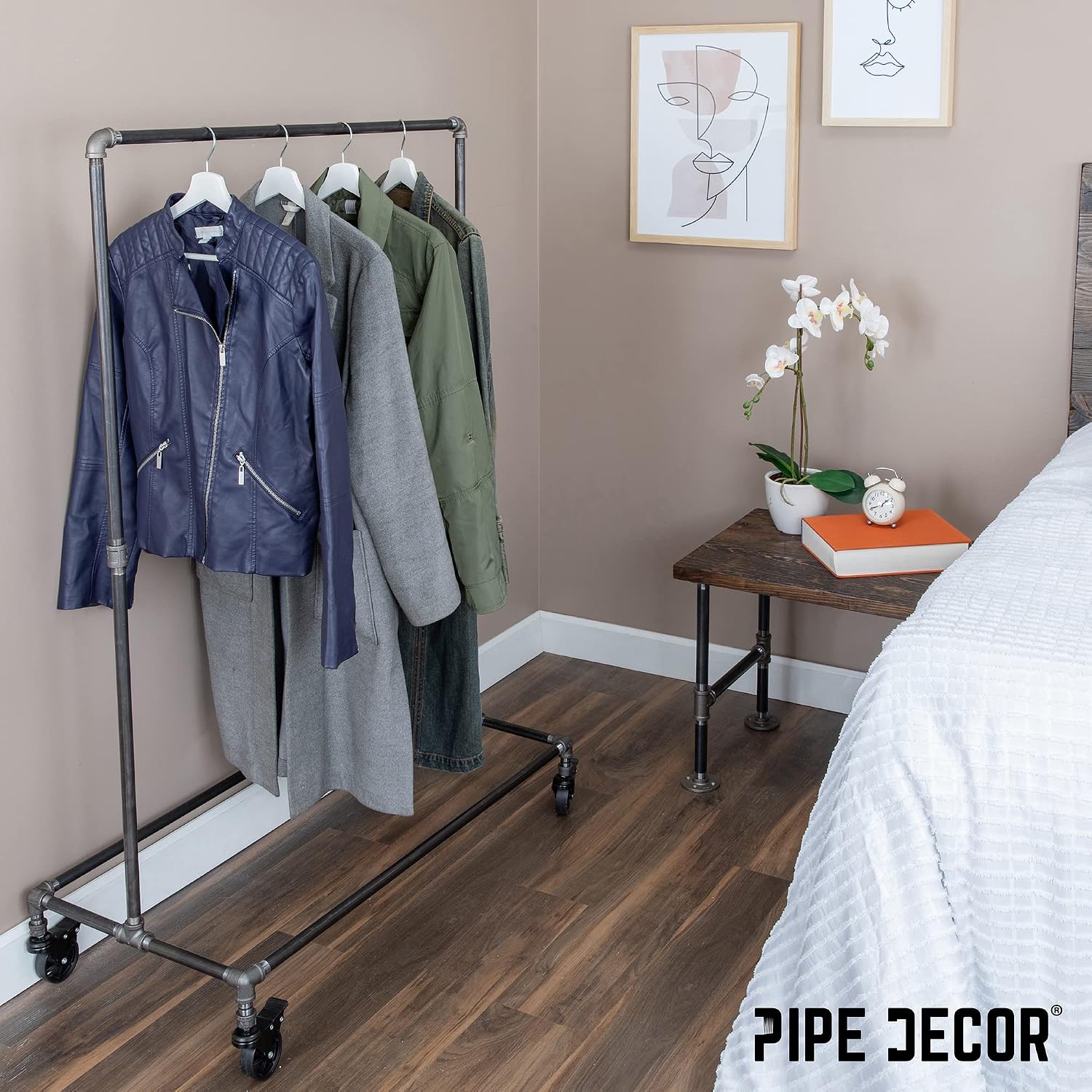 PIPE DECOR 39' x 20 ¼' x 58' Rolling Steel Pipe Clothing Rack, Commercial or Residential Industrial Clothes Display, Heavy Duty Black Steel Metal Wheeled Garment Frame
