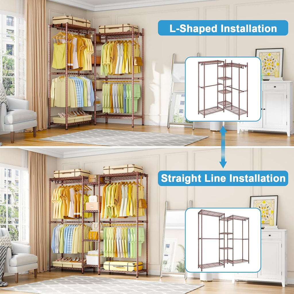 Ulif E4 Clothes Rack, Heavy-Duty Garment Rack, Metal Freestanding Clothing Organization Storage System Can Be L-Shaped with Shelves and Hangers, Max Load 962lbs, 71.6' W x 14.5' D x 79.3' H, Bronze
