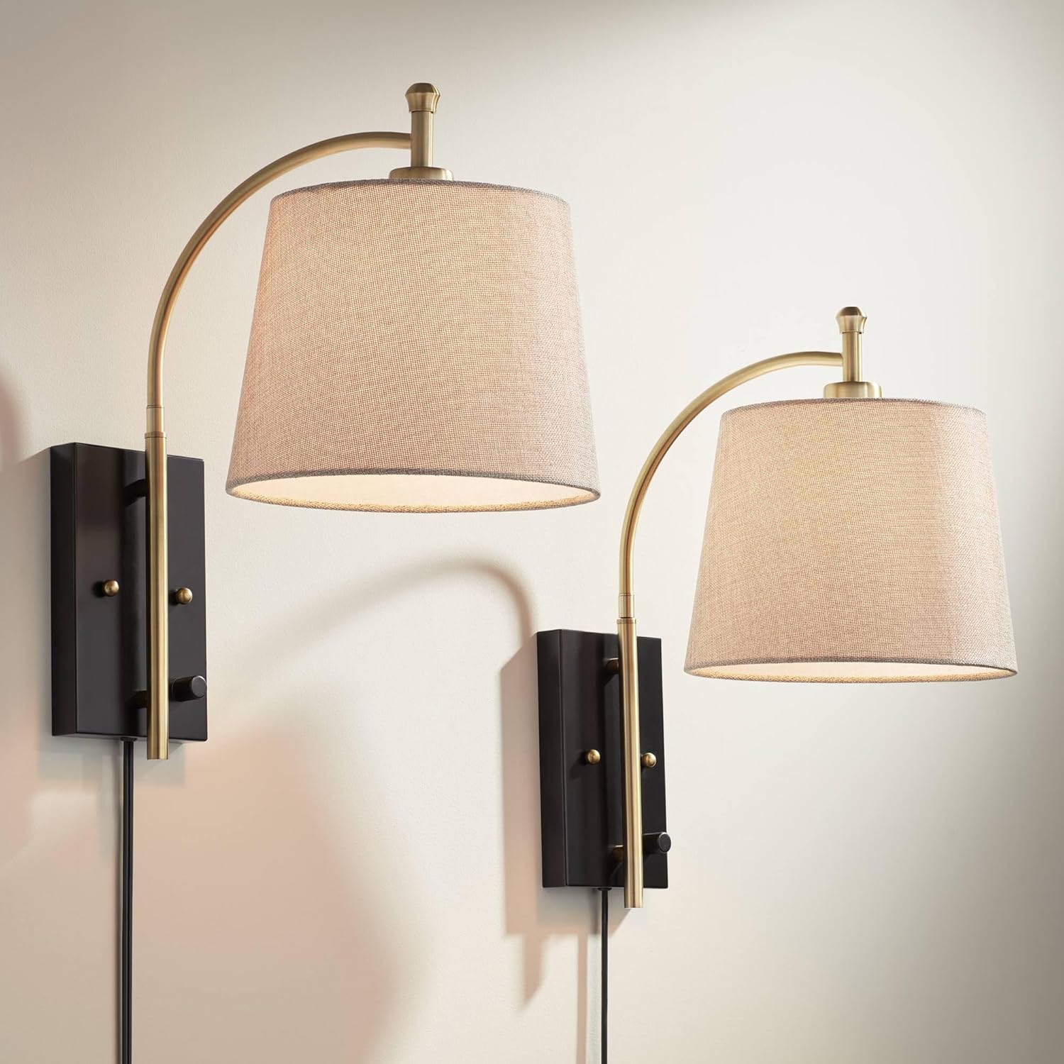 360 Lighting Chester Modern Swing Arm Wall Lamps Set of 2 Brass Black Metal Plug-in Light Fixture Tan Fabric Drum Shade for Bedroom Bedside House Reading Living Room Home Hallway Dining