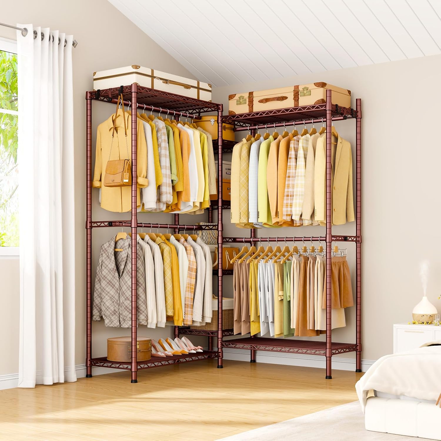 Ulif E4L L-shaped Clothes Rack, Heavy-Duty Garment Rack, Metal Freestanding Clothing Organization Storage System with Shelves and Hangers, Max Load 962lbs, 42.7' W x 42.7' D x 79.3' H, Bronze