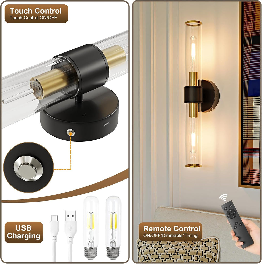 10000mAh Battery Operated Wall Sconces Set of 2, Black Gold Dimmable Rechargeable Wall Sconce with Remote, 20 Inch Wireless Warm Glass Wall Light for Bedroom Living Room Entryway (Bulbs Included)