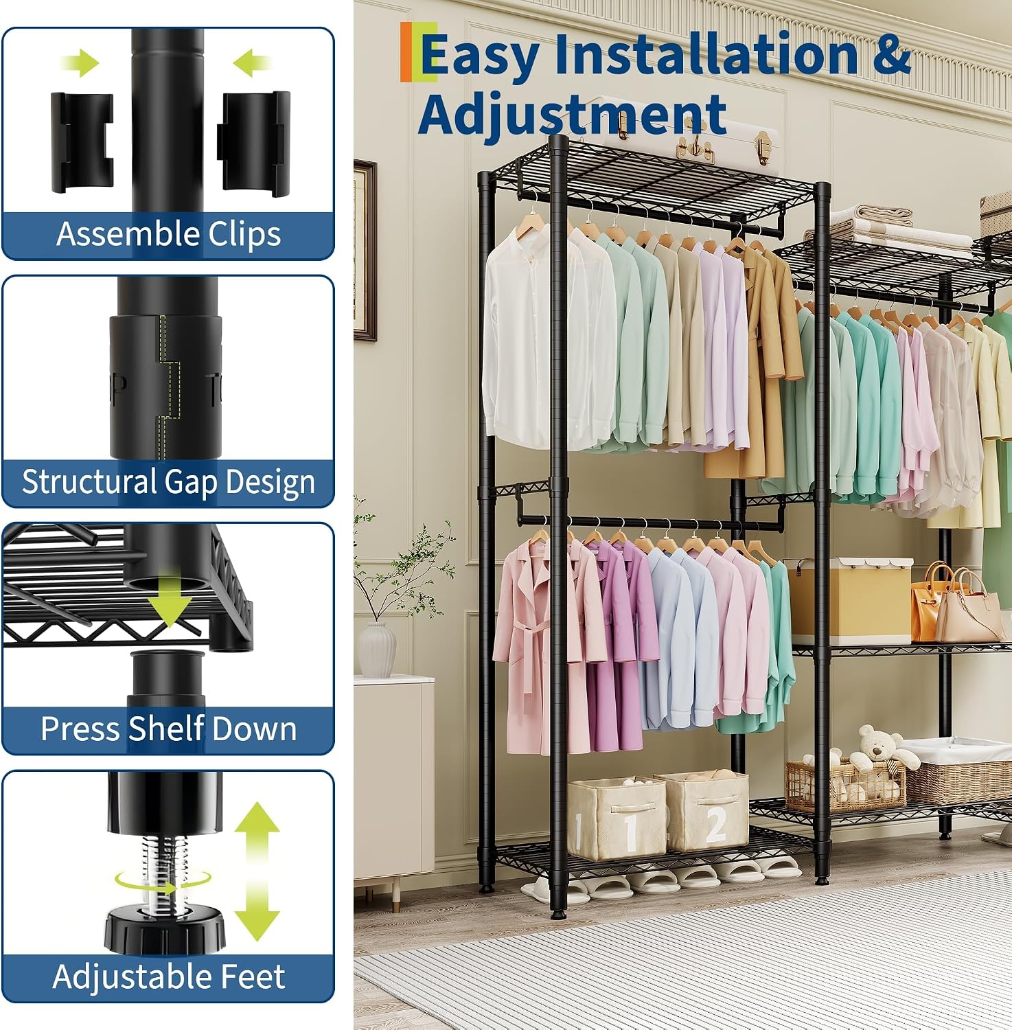 5-Tier Heavy Duty Clothes Rack, 1630LBS Load, Sturdy Metal Garment Rack with Wire Shelves, Multi-Functional Wardrobe Closet with Hanger Rods for Hanging Clothes, 15.5'D x 67.6'W x 76.5'H