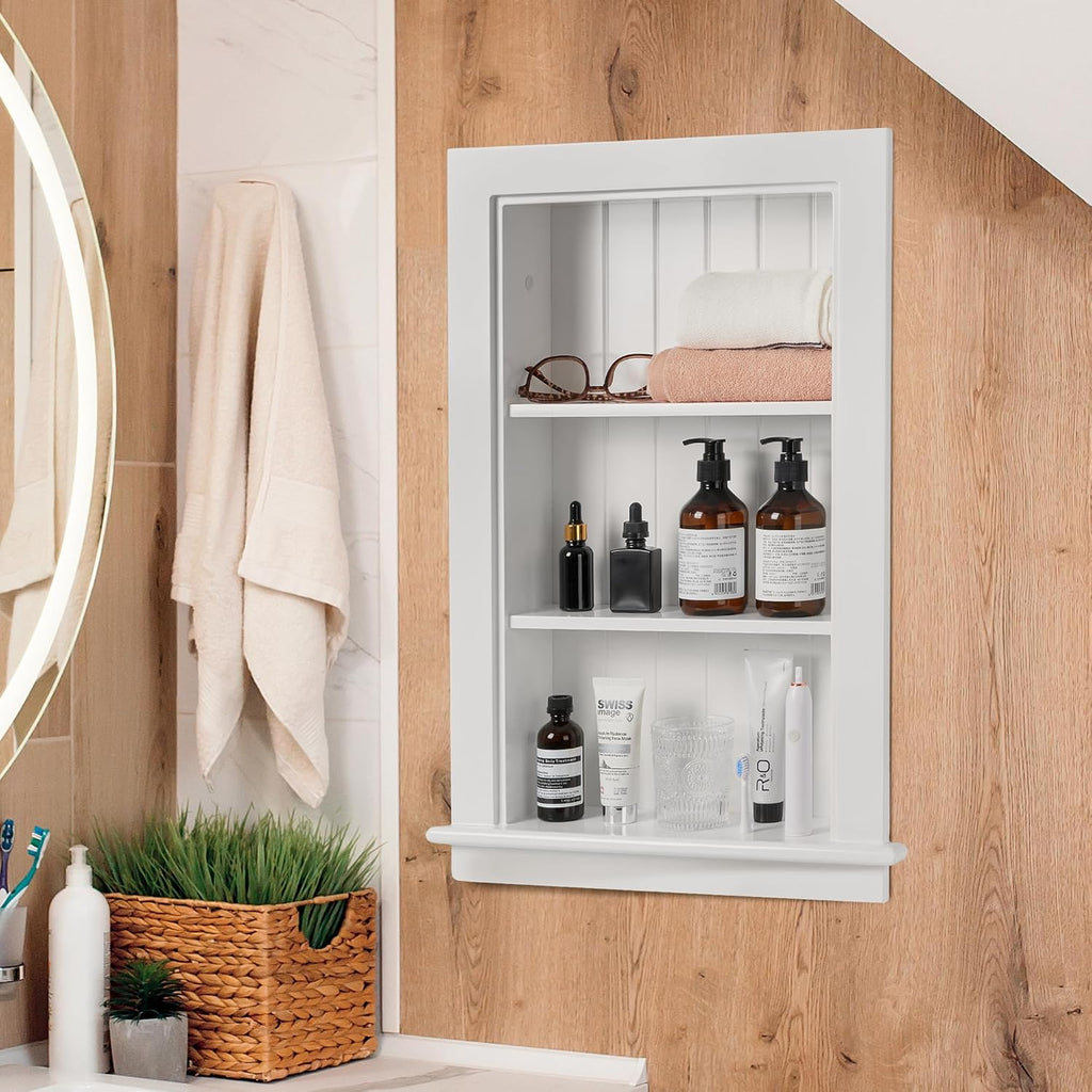 14 x 24 Medicine Cabinet Recessed, Wall Niche, Bathroom Wall Cabinet, 3-Tier, Between Studs Shelving for Drywall, White