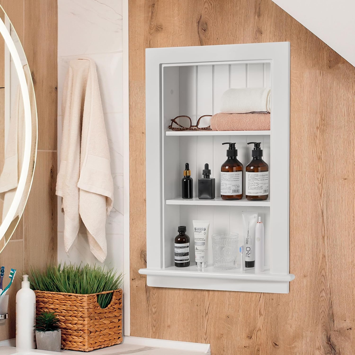 14 x 24 Medicine Cabinet Recessed, Wall Niche, Bathroom Wall Cabinet, 3-Tier, Between Studs Shelving for Drywall, White