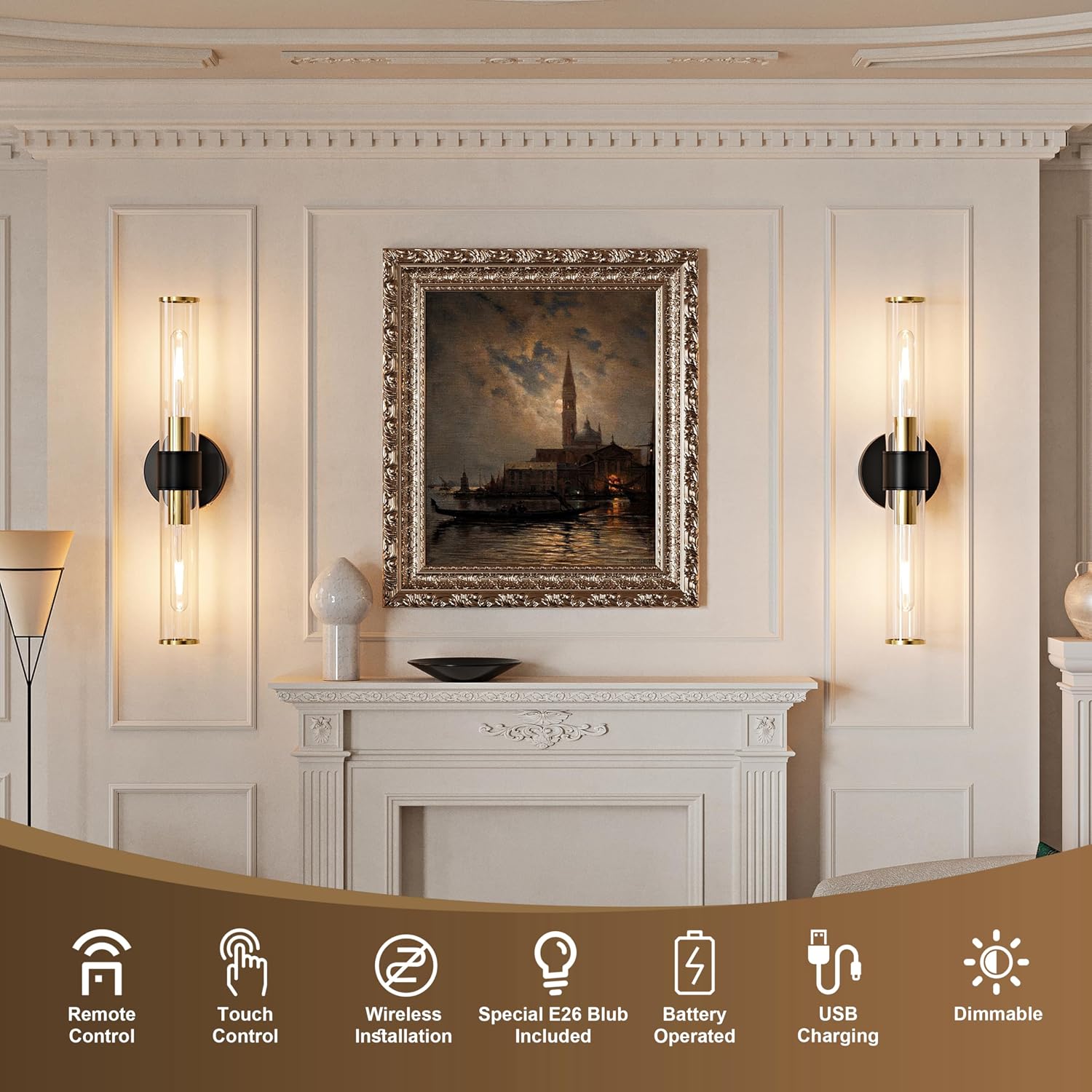 10000mAh Battery Operated Wall Sconces Set of 2, Black Gold Dimmable Rechargeable Wall Sconce with Remote, 20 Inch Wireless Warm Glass Wall Light for Bedroom Living Room Entryway (Bulbs Included)