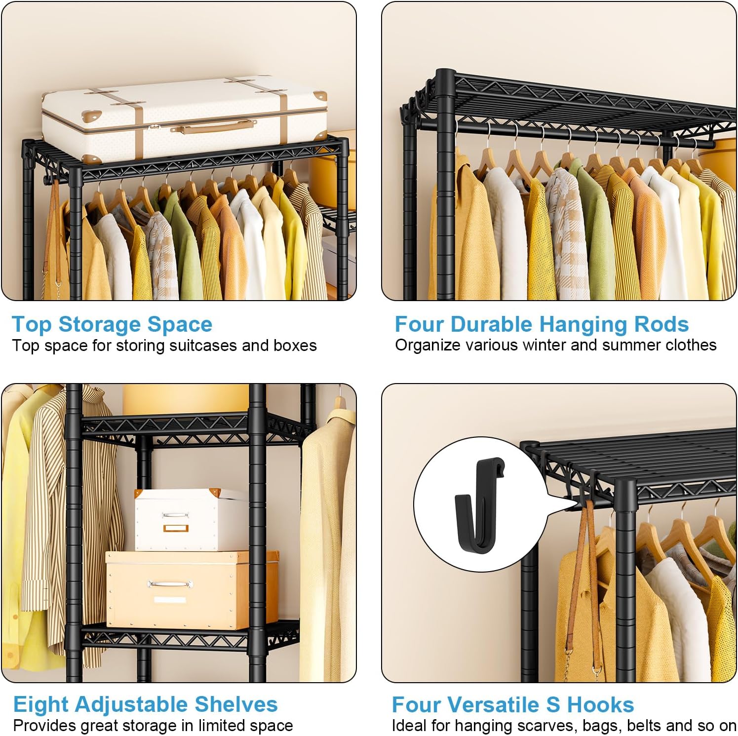 Ulif E4L L-shaped Clothes Rack for Corner, Heavy Duty Freestanding Garment Rack, Metal Clothing Organization Storage System with Shelves and Hangers, Max Load 962lbs, 42.7'W x 42.7'D x 79.3'H, Black