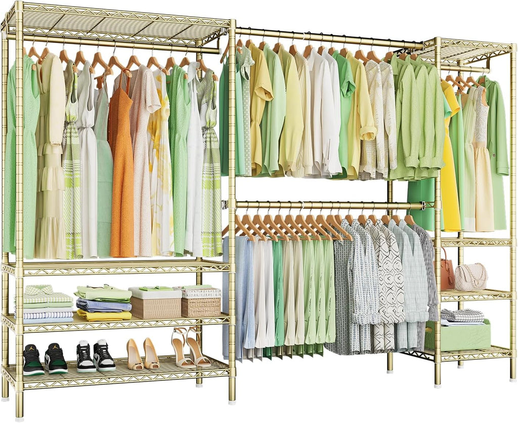 Ulif E11 Heavy-Duty Garment Rack, Metal Freestanding Clothes Rack and Closet Storage Organizer System with 8 Shelves and 4 Hanger Rods, (73.2-97.6)' W x 14.5' D x 71.2' H, Load 1034 LBS, Gold