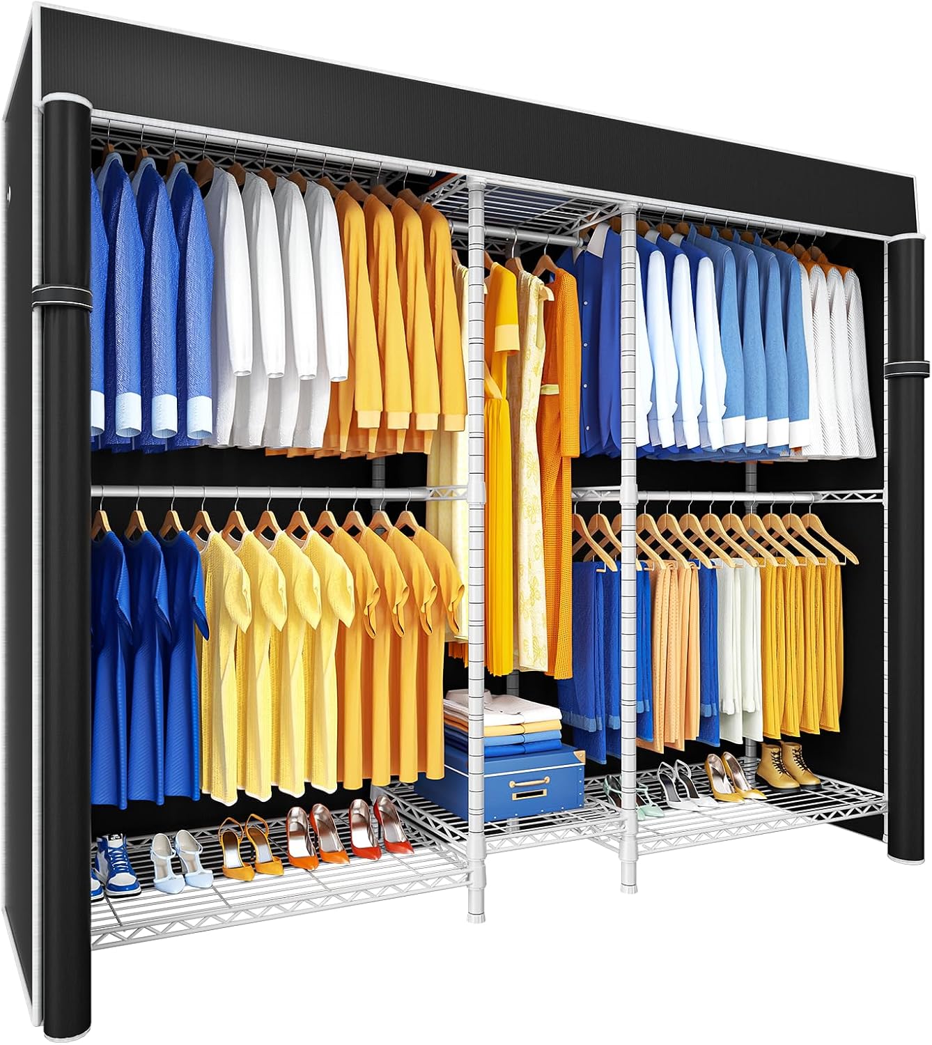 Ulif E12C Pro Heavy Duty Closet Organizer System，Freestanding Clothing Racks for Hanging Clothes，Adjustable Garment Rack 71'W x 16'D x 76.5'H Hold 960lbs，White Clothing Rack with Black Dustproof Cover