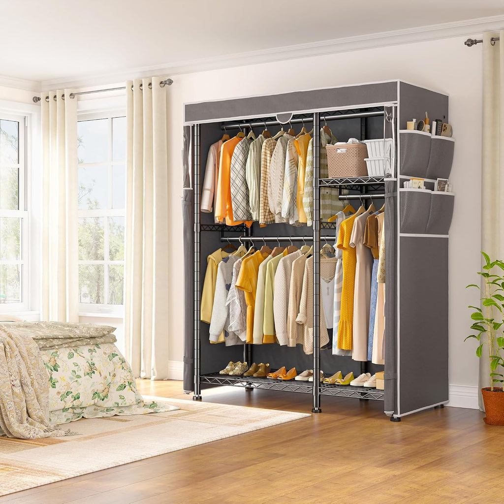 Raybee Rolling Clothes Rack with Cover, Clothing Racks for Hanging Clothes, Heavy Duty Portable Closet with Wheels, Garment Rack for Bedroom, Quick Assembly, Black