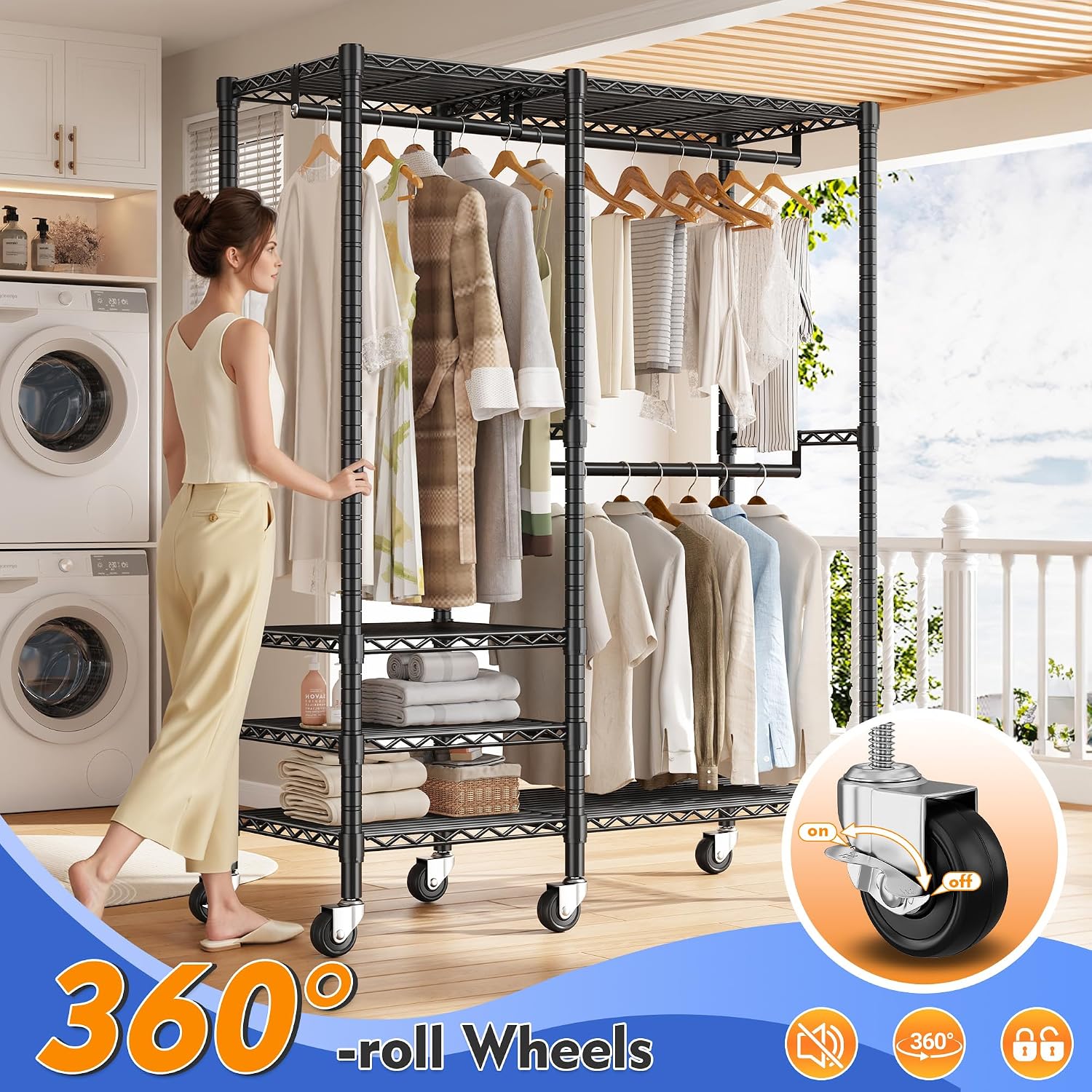 Raybee Heavy Duty Clothes Rack, Clothing Racks for Hanging Clothes, Portable Closet with Wheels and 4 Tiers Adjustable Shelves, Rolling Garment Rack for Bedroom, Black
