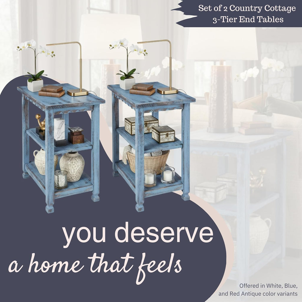 Alaterre Furniture Country Cottage Rustic Farmhouse Nightstand Set of 2-15in Narrow Side Table Set with Storage Shelves - Solid Wood Rustic Nightstands for Living Room or Bedroom (Antique Blue)
