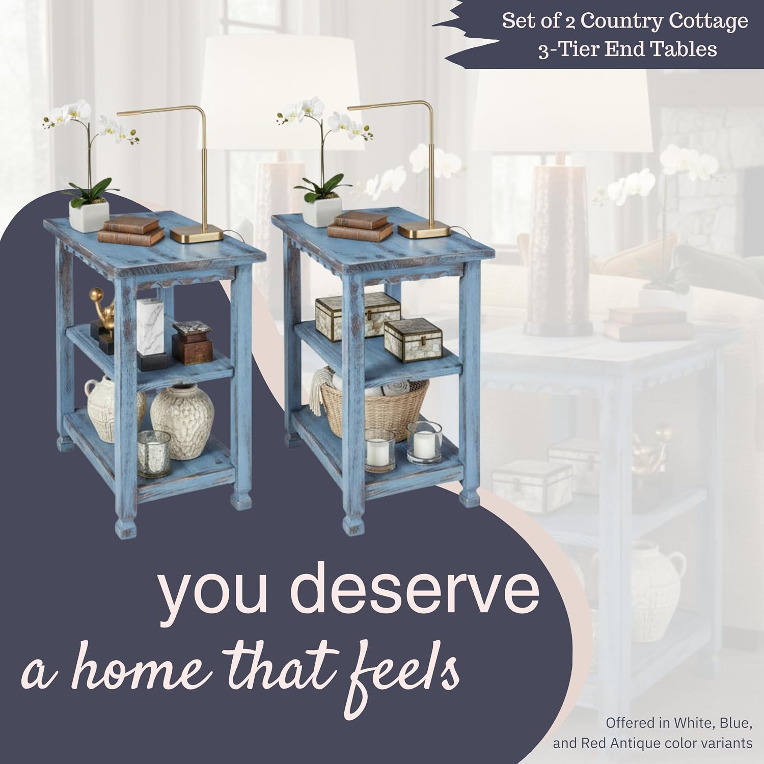 Alaterre Furniture Country Cottage Rustic Farmhouse Nightstand Set of 2-15in Narrow Side Table Set with Storage Shelves - Solid Wood Rustic Nightstands for Living Room or Bedroom (Antique Blue)