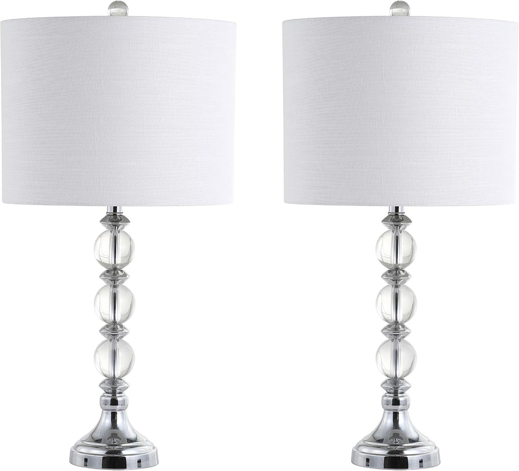 JONATHAN Y 26' Clear/Chrome Crystal LED Table Lamp Set of 2, Transitional Faceted Glass and Metal Nightstand Lamps with White Linen Drum Shade, LED Bulbs Included JYL5041A-SET2