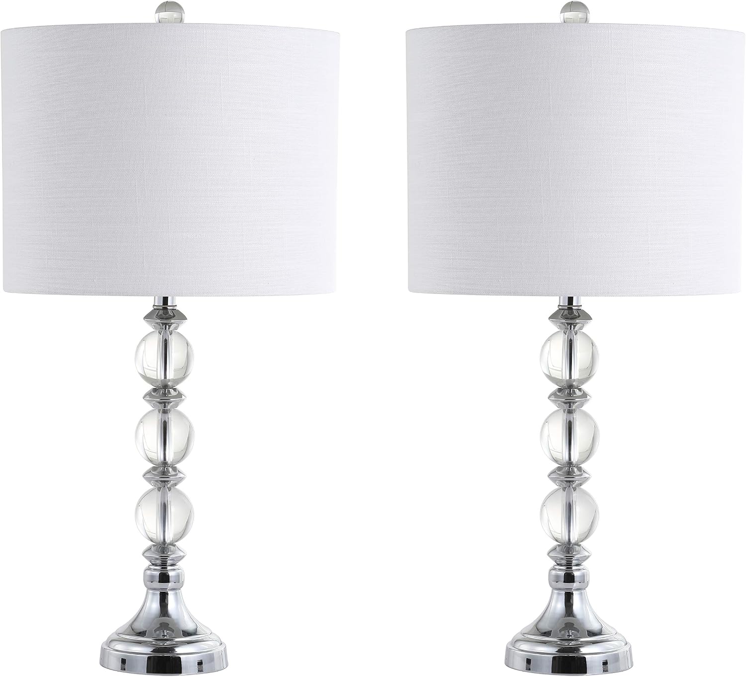 JONATHAN Y 26' Clear/Chrome Crystal LED Table Lamp Set of 2, Transitional Faceted Glass and Metal Nightstand Lamps with White Linen Drum Shade, LED Bulbs Included JYL5041A-SET2
