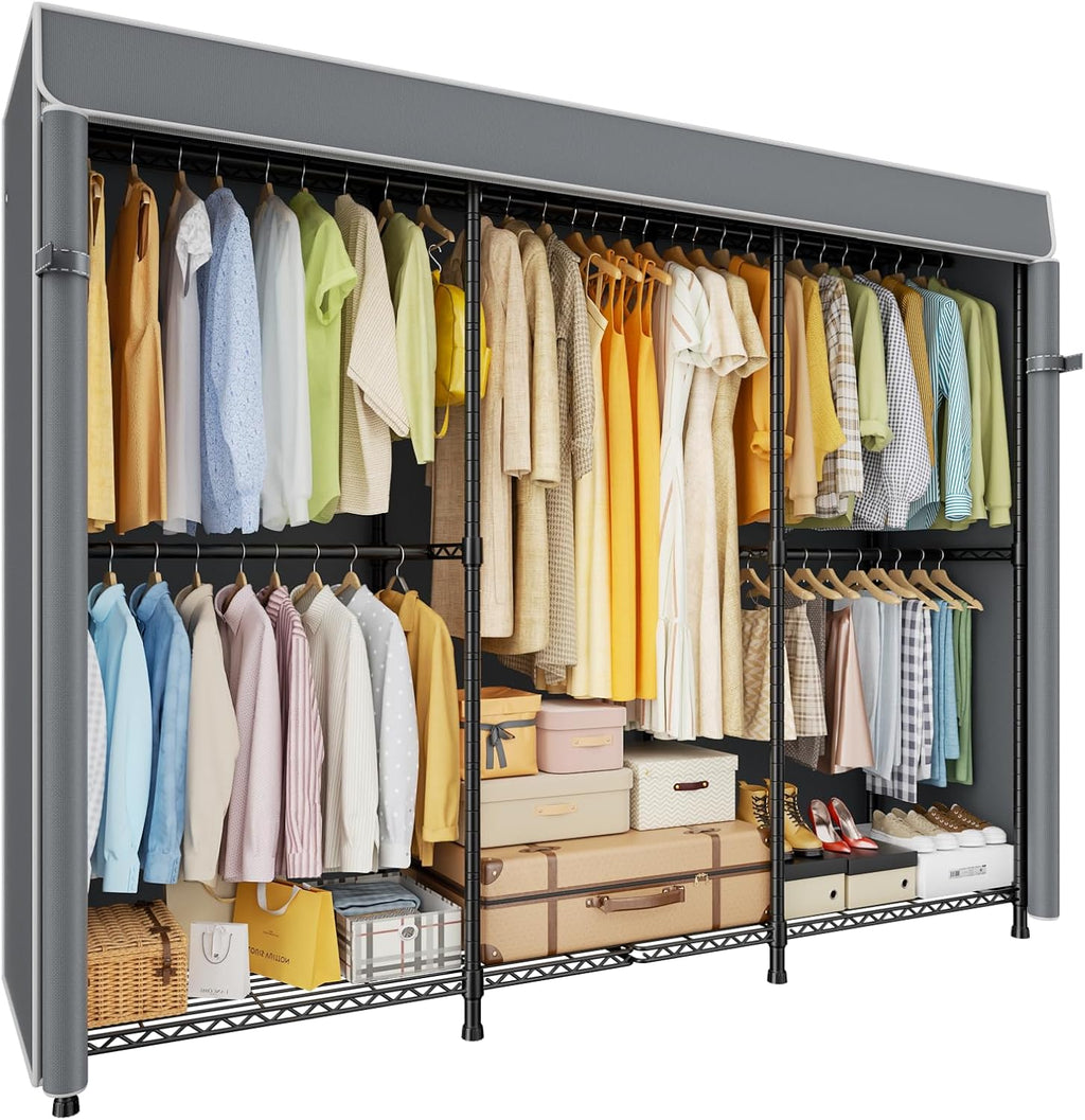 ULIFHOME E14C Pro Heavy Duty Closet Organizer System，Freestanding Clothing Racks for Hanging Clothes，Adjustable Garment Rack 69' W × 16' D × 77' H Hold 960 lbs，Black Rack with Grey Dustproof Cover