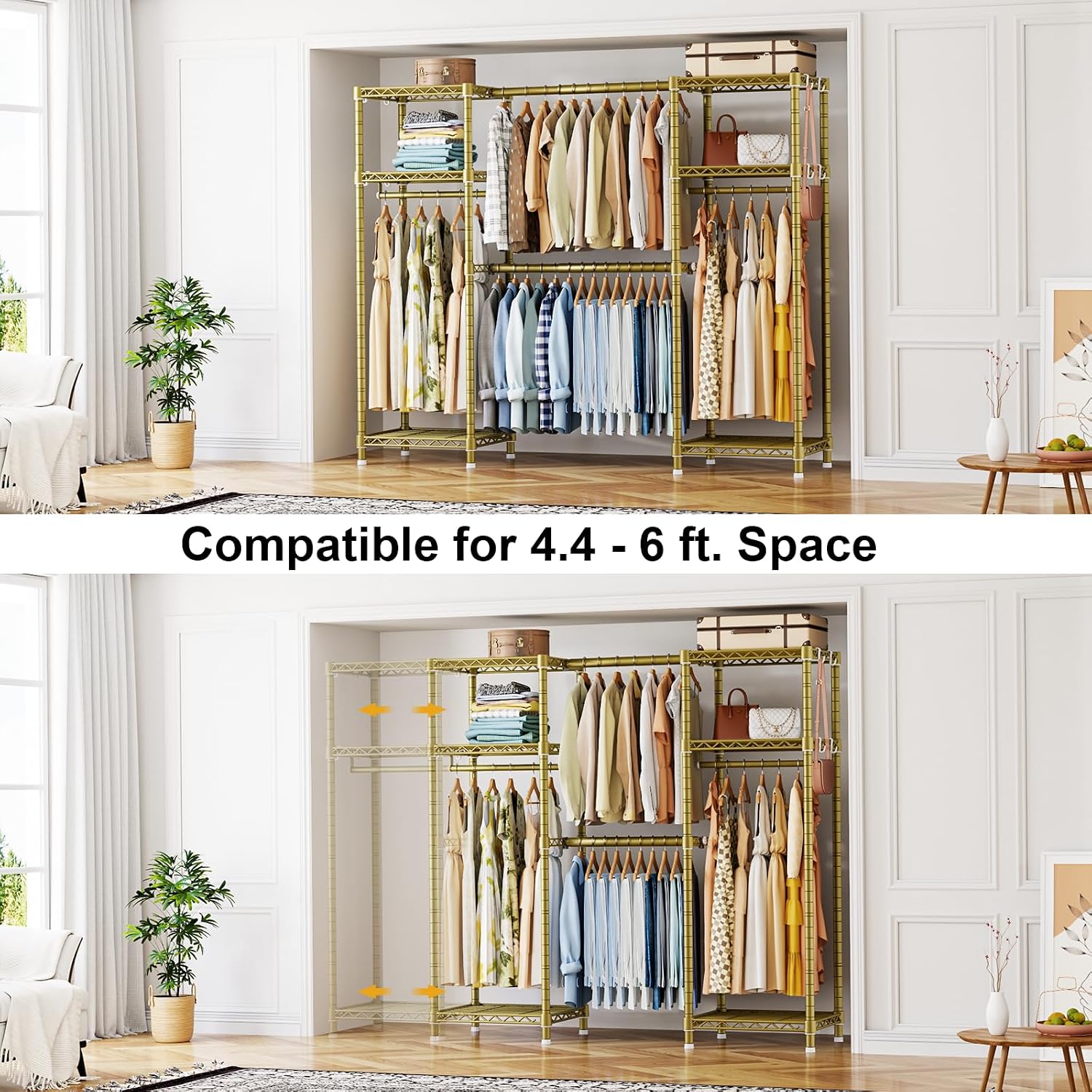 Ulif E7 Garment Rack, Heavy Duty Clothes Storage System with Extendable Hangers Rods, Metal Clothing Rack with 6 Wire Shelves, (52.3'-72') W x 14.5' D x 71.2' H, Load 838lbs, Gold