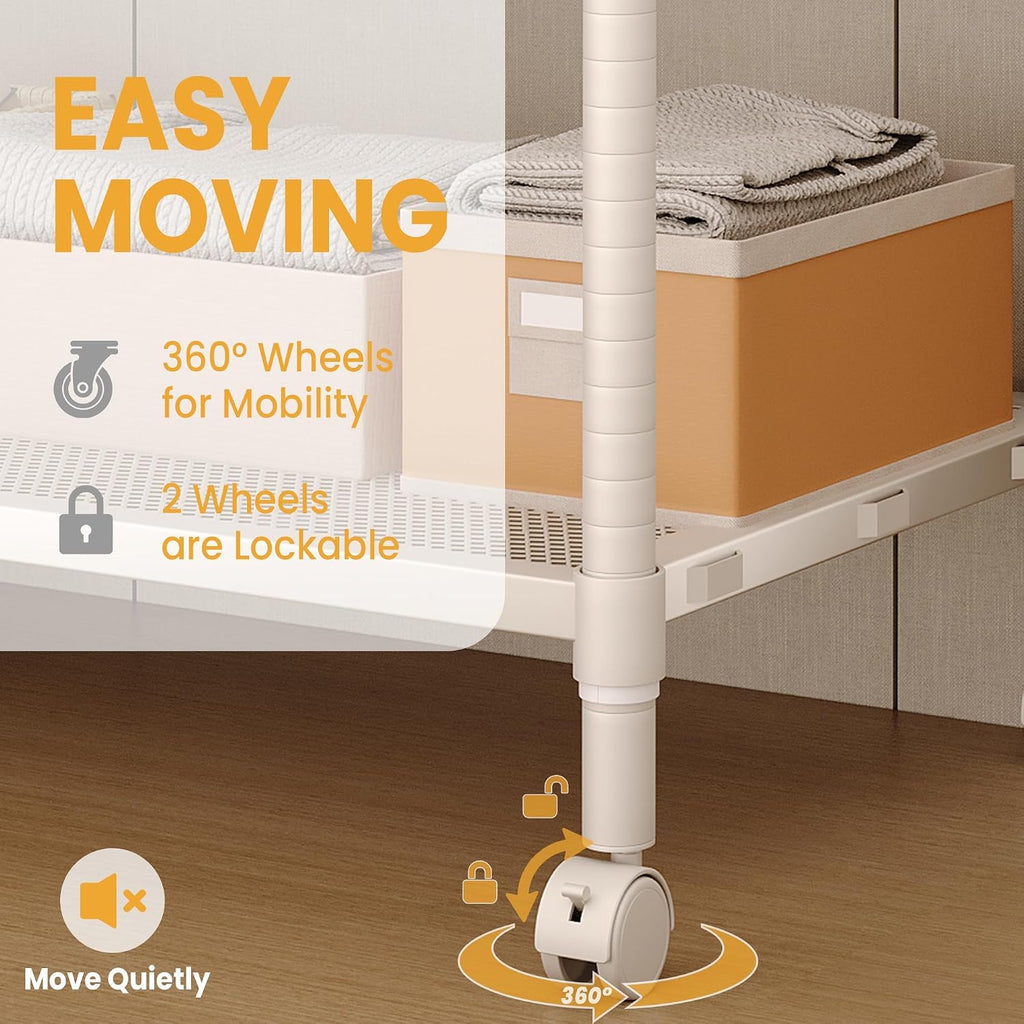 Heavy Duty Rolling Clothes Rack with Wheels, Clothing Racks with Adjustable Shelves & Side Hooks for Hanging Clothes, Freestanding Storage Closet Clothing Rack for Bedroom Laundry Room, Beige