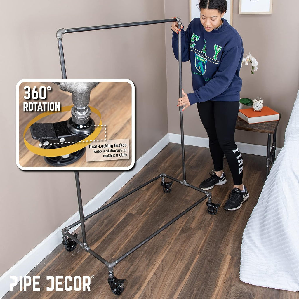 PIPE DECOR 39' x 20 ¼' x 58' Rolling Steel Pipe Clothing Rack, Commercial or Residential Industrial Clothes Display, Heavy Duty Black Steel Metal Wheeled Garment Frame