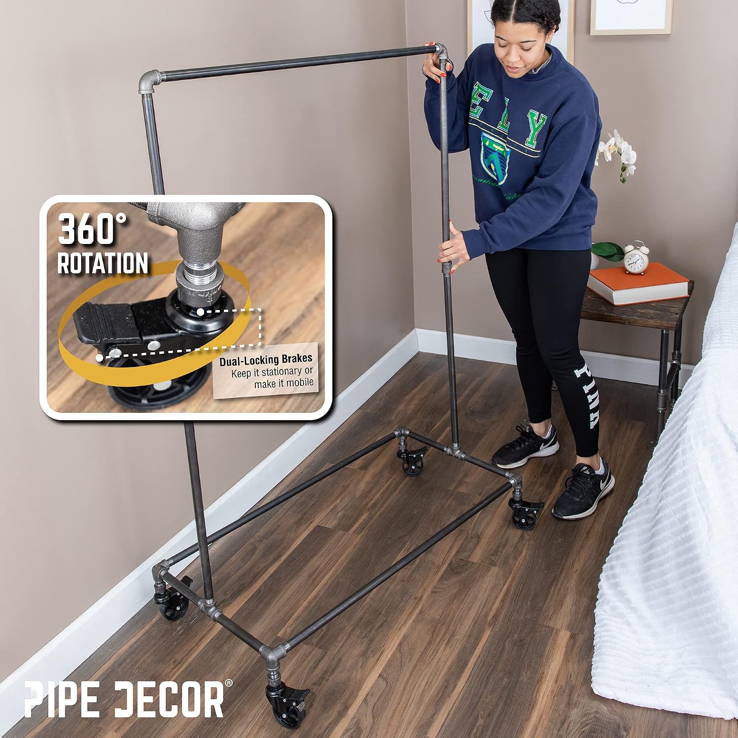 PIPE DECOR 39' x 20 ¼' x 58' Rolling Steel Pipe Clothing Rack, Commercial or Residential Industrial Clothes Display, Heavy Duty Black Steel Metal Wheeled Garment Frame