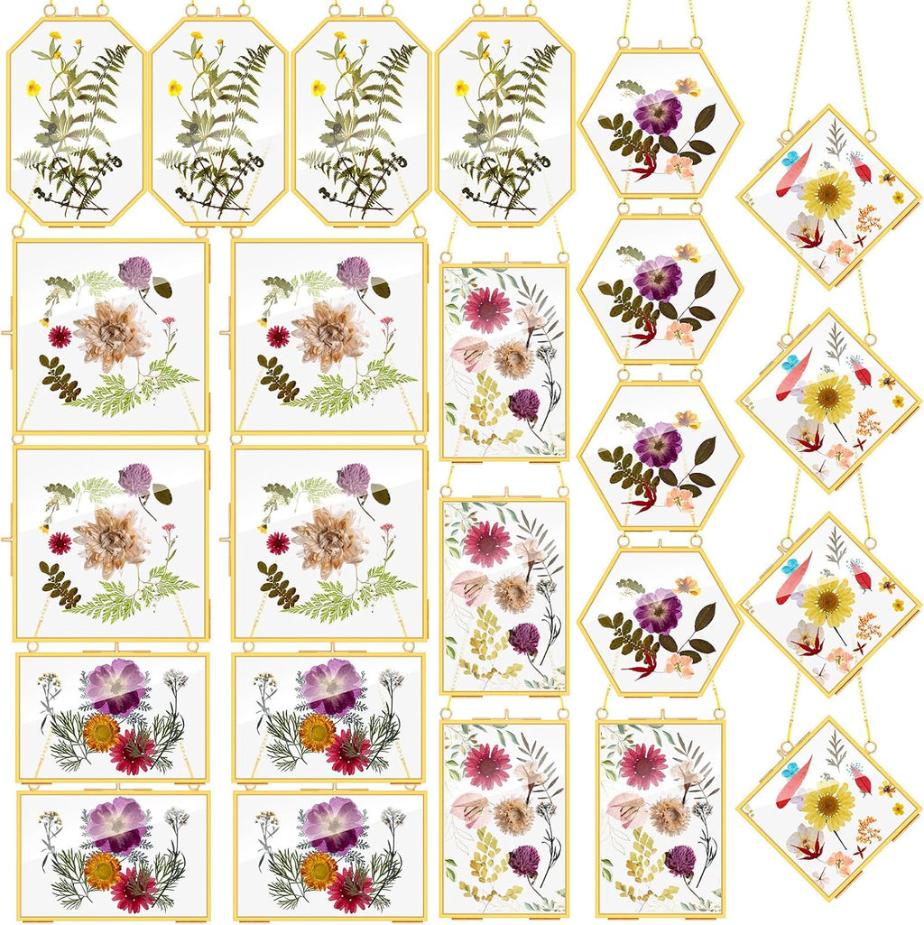 Soaoo 24 Pcs Brass Glass Frame for Pressed Flowers with Chain Clear Double Glass Floating Artwork Display Frame for Wall Decor with Dried Plant Leaf, 6 Shapes (Gold)