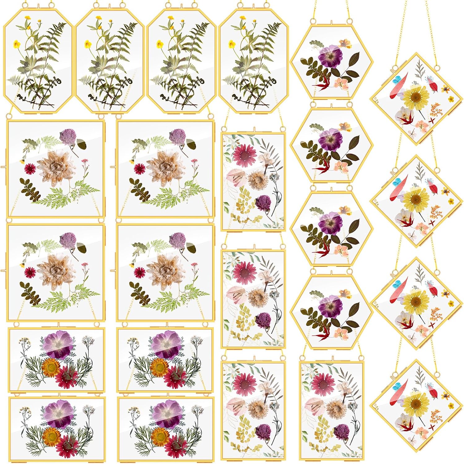 Soaoo 24 Pcs Brass Glass Frame for Pressed Flowers with Chain Clear Double Glass Floating Artwork Display Frame for Wall Decor with Dried Plant Leaf, 6 Shapes (Gold)
