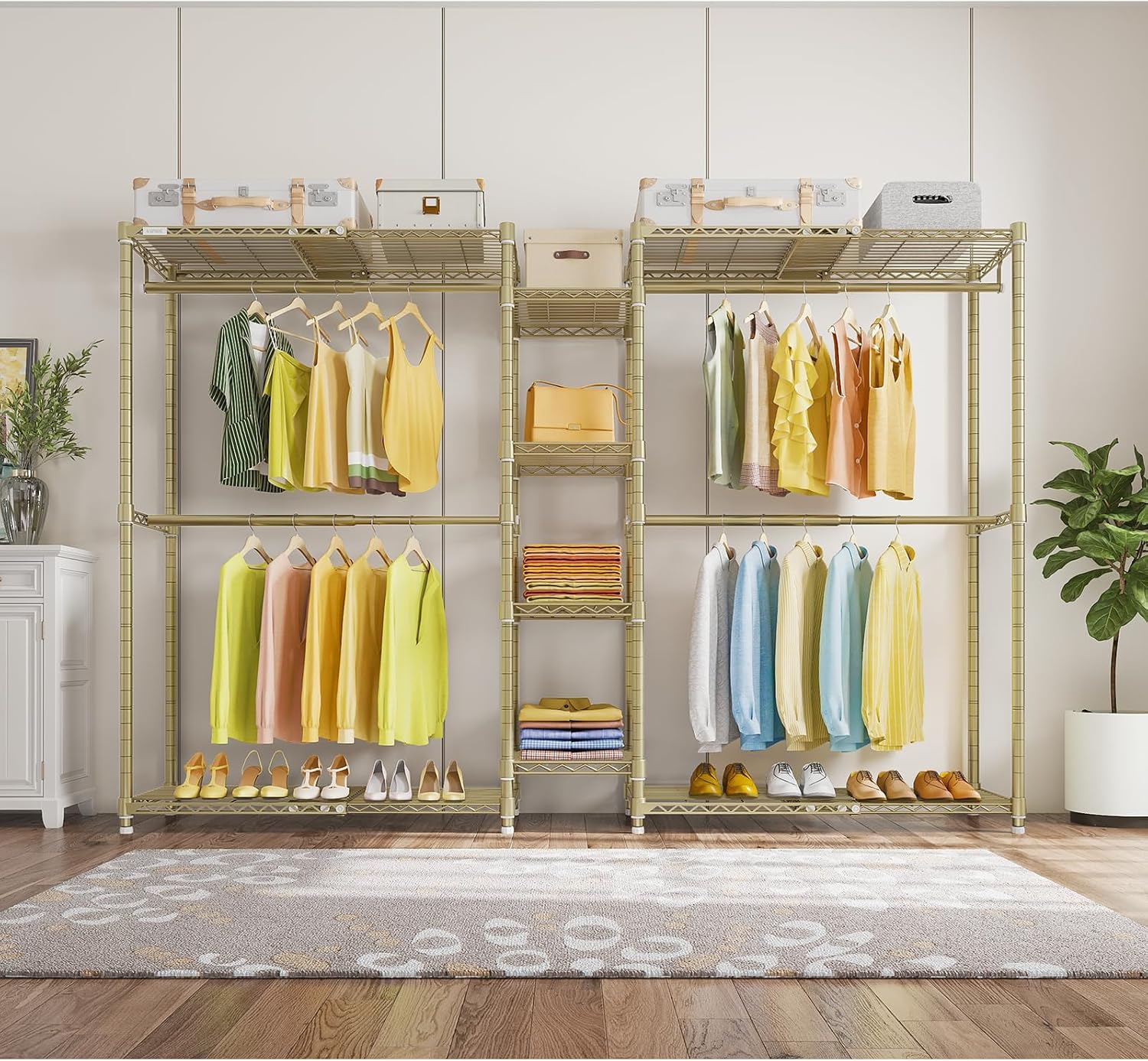 VIPEK X3 Expandable Heavy Duty Clothes Rack Adjustable from 5'2' to 8' with Adjustable Shelves and Hanger Rods, Large Freestanding Clothing Racks Reach-in & Walk-in Closet, Max Load 1210LBS, Gold