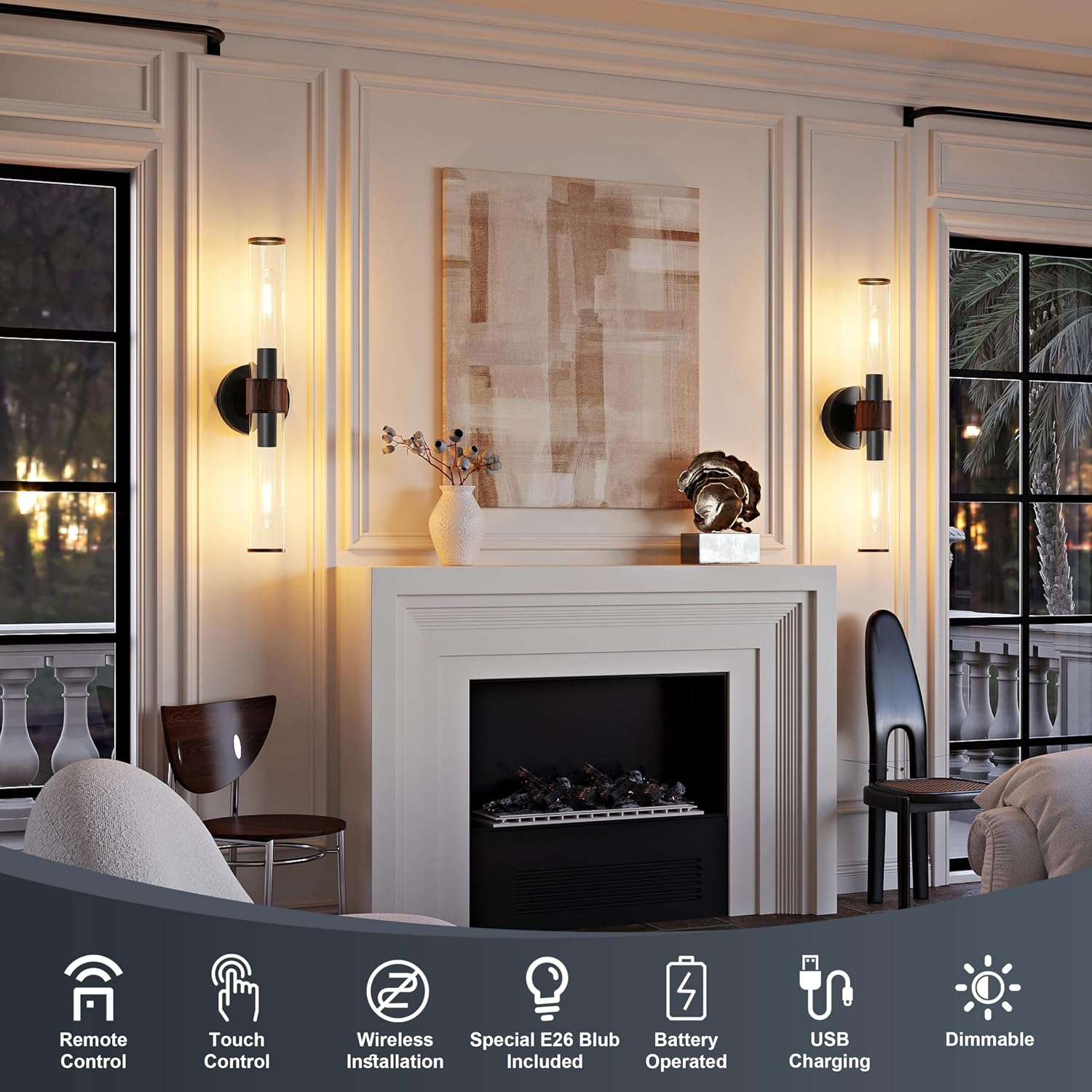 Morauroral Black Walnut Battery Operated Wall Sconces Set of 2, Rechargeable Wall Lights with Remote, 20 Inch Modern Wireless Sconces Wall Lighting for Bedroom, Living Room,TV with Glass Shade