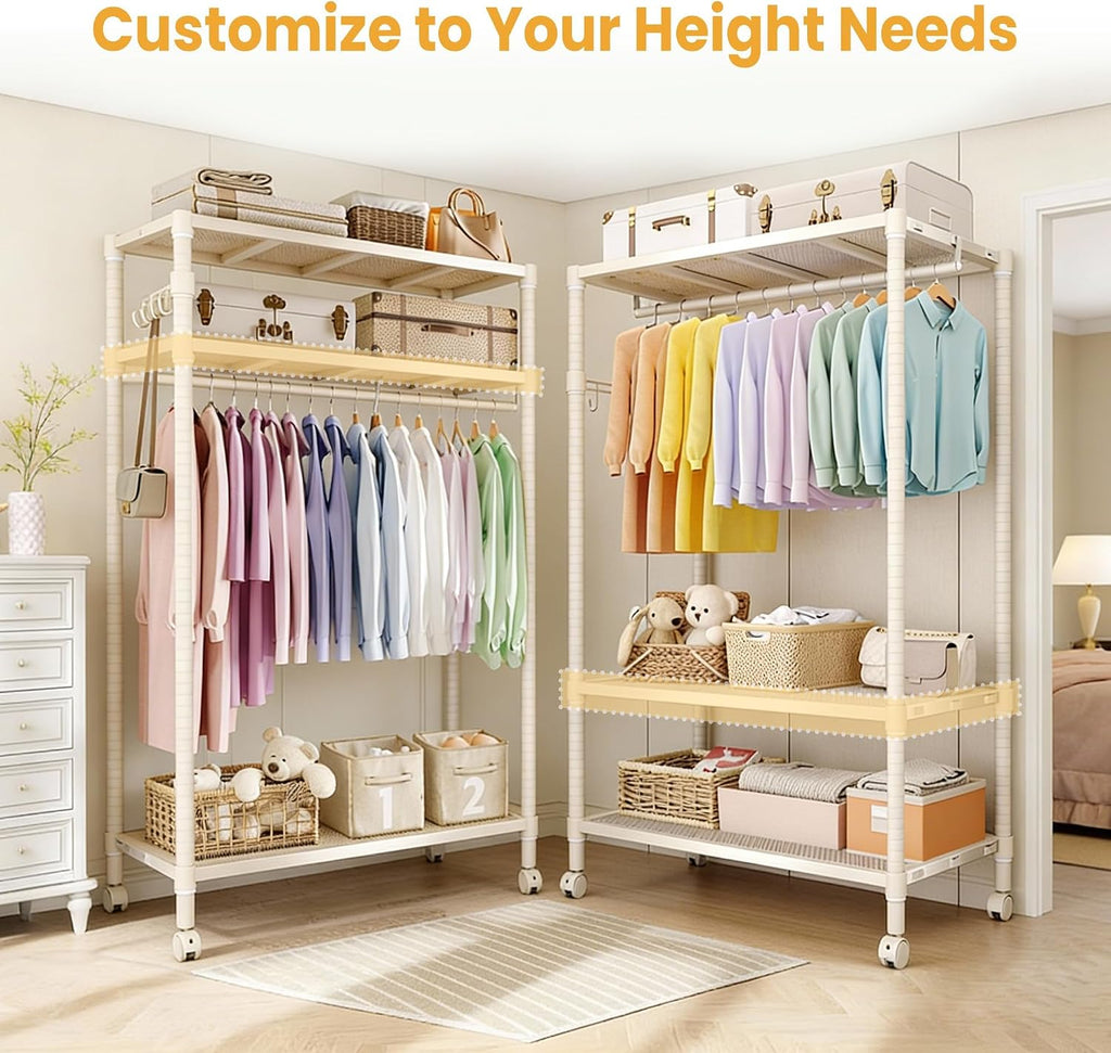 Heavy Duty Rolling Clothes Rack with Wheels, Clothing Racks with Adjustable Shelves & Side Hooks for Hanging Clothes, Freestanding Storage Closet Clothing Rack for Bedroom Laundry Room, Beige