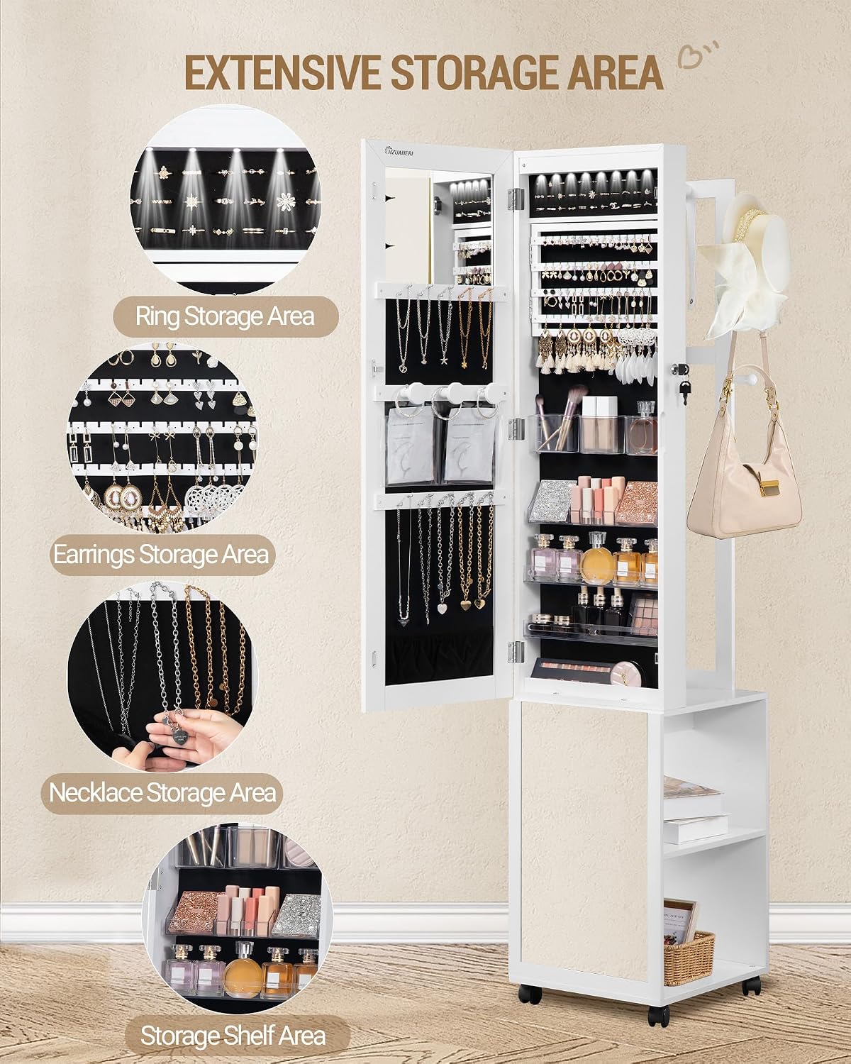 Hzuaneri 8 LEDs Jewelry Cabinet Armoire, 66.9-inch Jewelry Organizer with Garment Rack, Lockable Full-length Mirror with 4 Wheels, Storage Shelves with Hooks, 5-in-1, White and Beige JC17003B