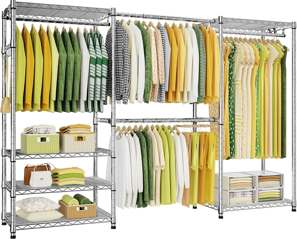 Ulif E1 Heavy Duty Closet Garment Rack, 6 Tiers Adjustable Metal Freestanding Expandable Clothing Storage with 4 Hanger Rods, Easy to Assemble Wardrobe, 71.4' H x (70' - 88.2') L x 14' D, Chrome