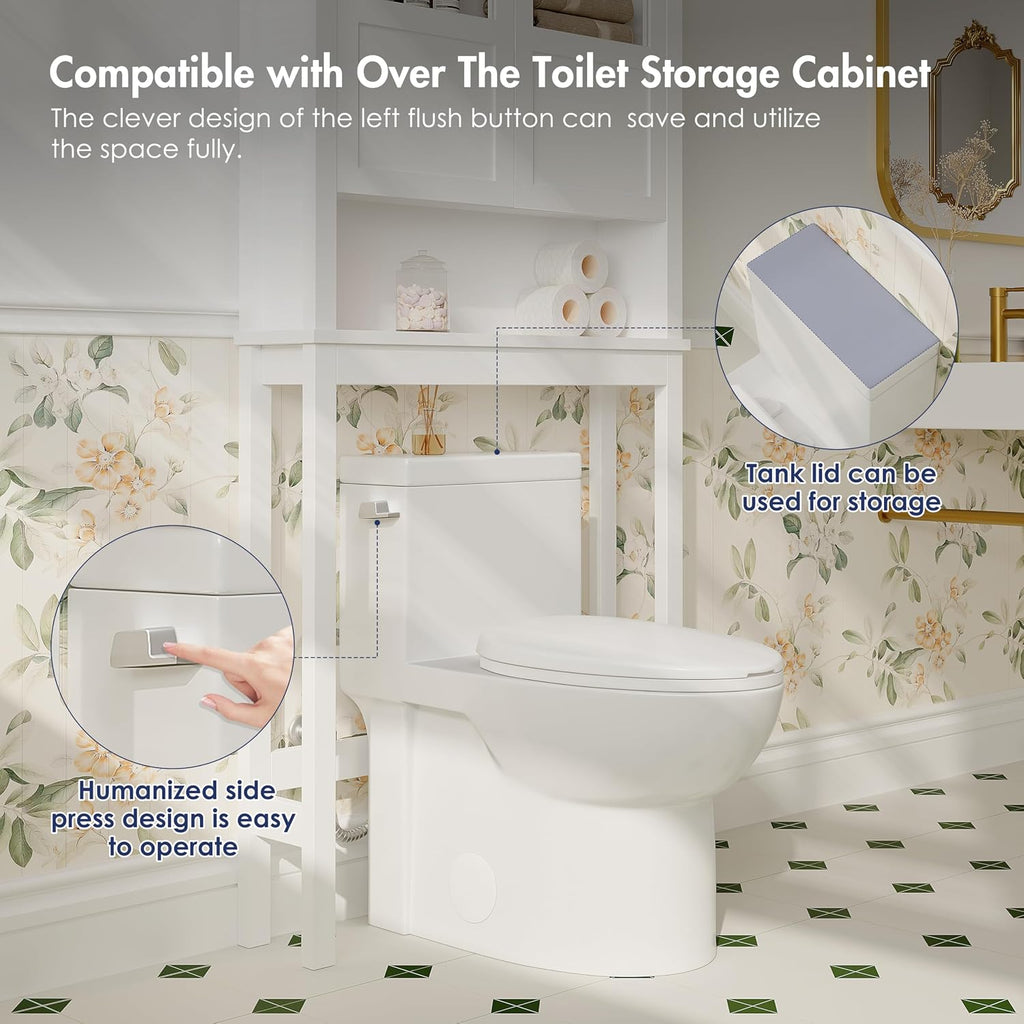 Eridanus One Piece Toilets for Bathroom, Elongated Toilet with Compact Soft Closing Seat, ADA Compliant 17' Toilet Bowl, 12' Rough in, Left Handle Powerful Flush 1.28GPF, Modern Ceramic Model 321S