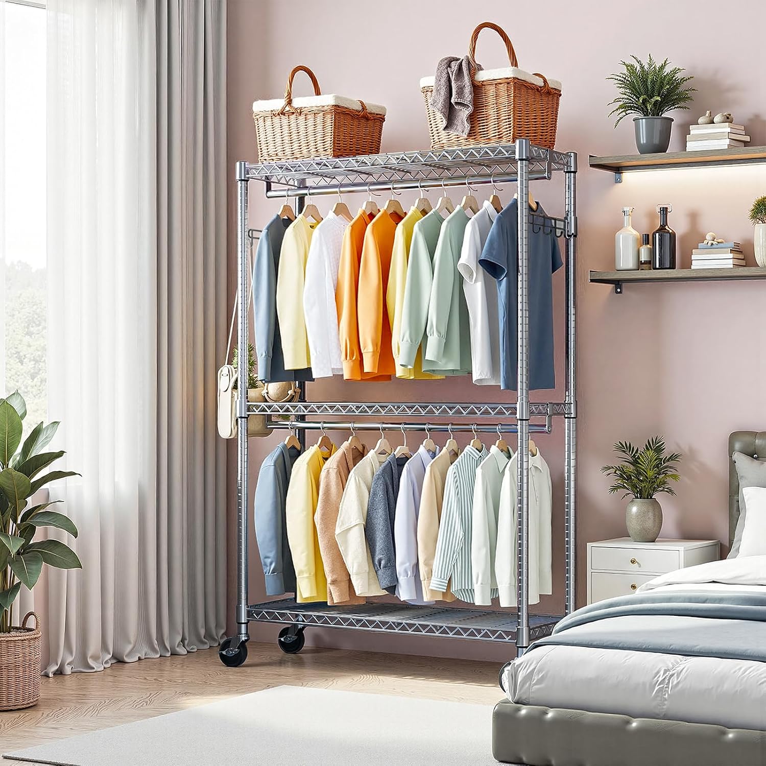 3-Tier High-Strength Rolling Garment Rack Adjustable Wire Shelving Clothing Closet Storage with 2 Hanging Rods Side Hooks Wheels Chrome 15.7' D x 45.3' W x 79.6' H