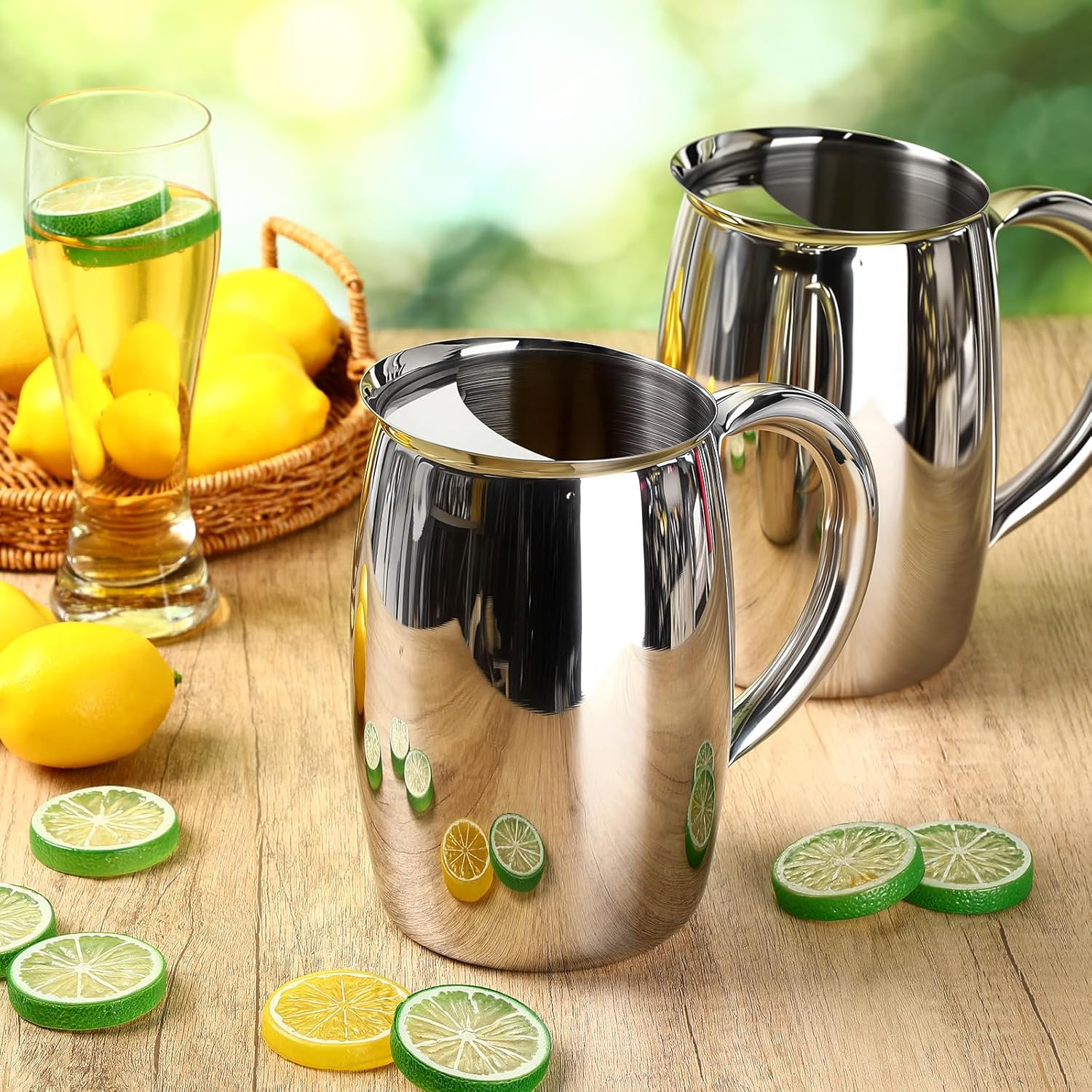 Funnymoom 6 Pcs 2 L Stainless Steel Water Pitchers with Ice Guard Smooth Silver Metal Bell Pitchers Jug Cold Beverages Carafe Serving Tool for Restaurants Home Dishwasher Safe