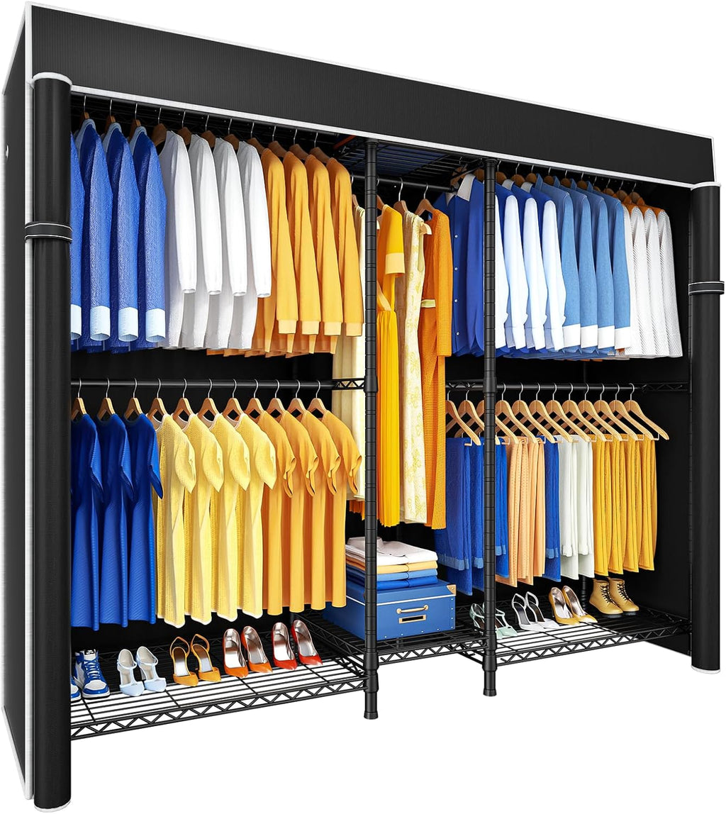 Ulif E12C Pro Heavy Duty Closet Organizer System，Freestanding Clothing Rack, Adjustable Garment Rack 71' W x 16' D x 76.5' H Holds 960 lbs, Black Rack with Black Dustproof Cover