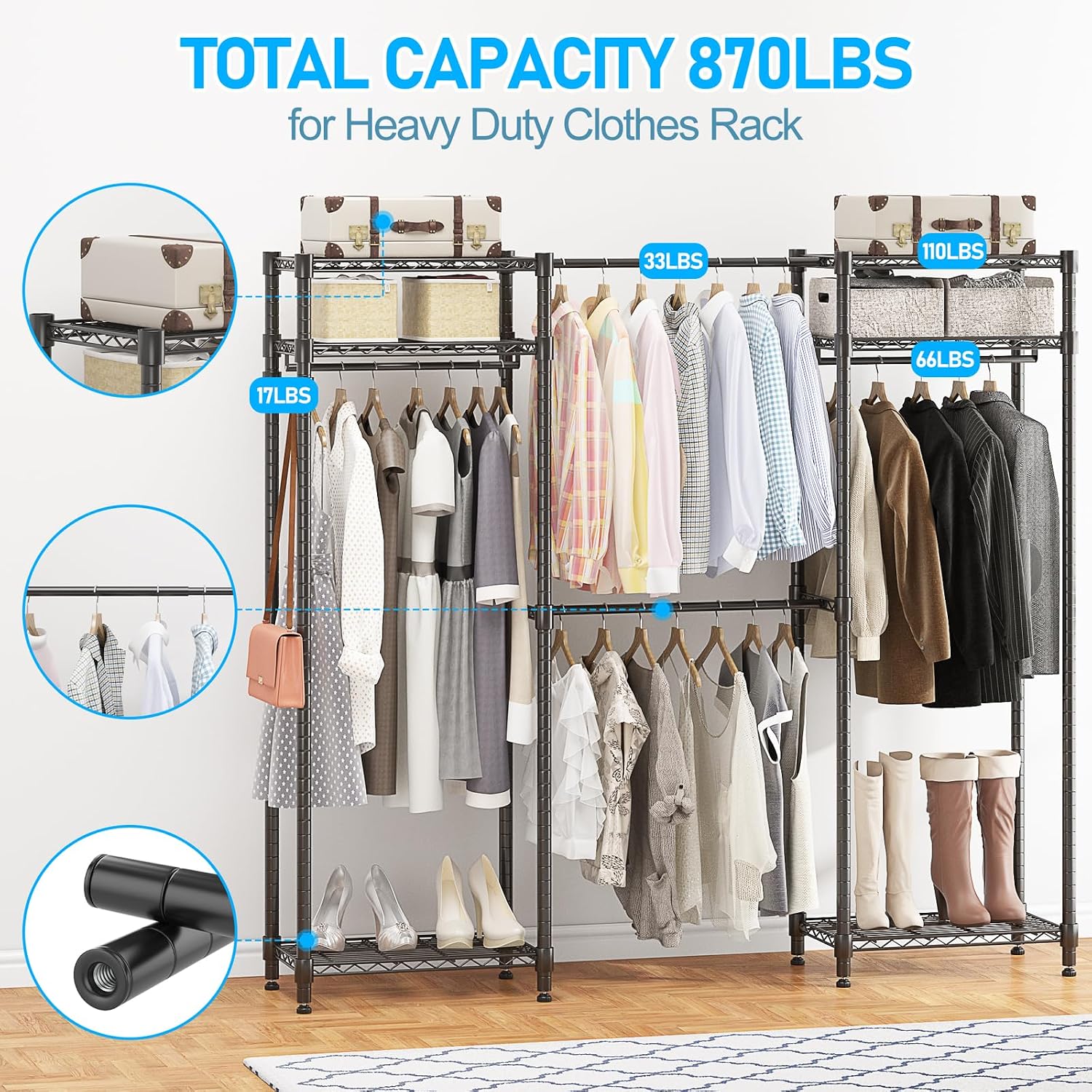 Homdox Heavy Duty Garment Rack with Extendable Hanging Rods, Adjustable Metal Clothing Rack for Hanging Clothes, Freestanding Closet Wardrobe Clothes Rack with Wire Storage Shelves, Black