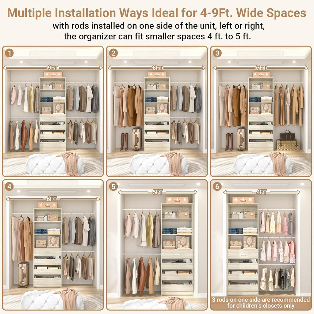 Aheaplus Closet System, 4-9Ft Closet Organizer with 4 Wooden Drawers, Wood Closet Organizer System with Tower, Walk-in Closet Organizer Wardrobe Garment Clothes Rack with 4 Hanging Rods, 2White Oak