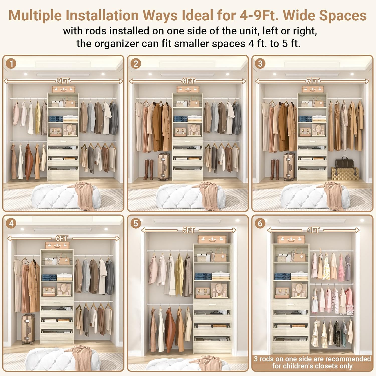 Aheaplus Closet System, 4-9Ft Closet Organizer with 4 Wooden Drawers, Wood Closet Organizer System with Tower, Walk-in Closet Organizer Wardrobe Garment Clothes Rack with 4 Hanging Rods, 2White Oak