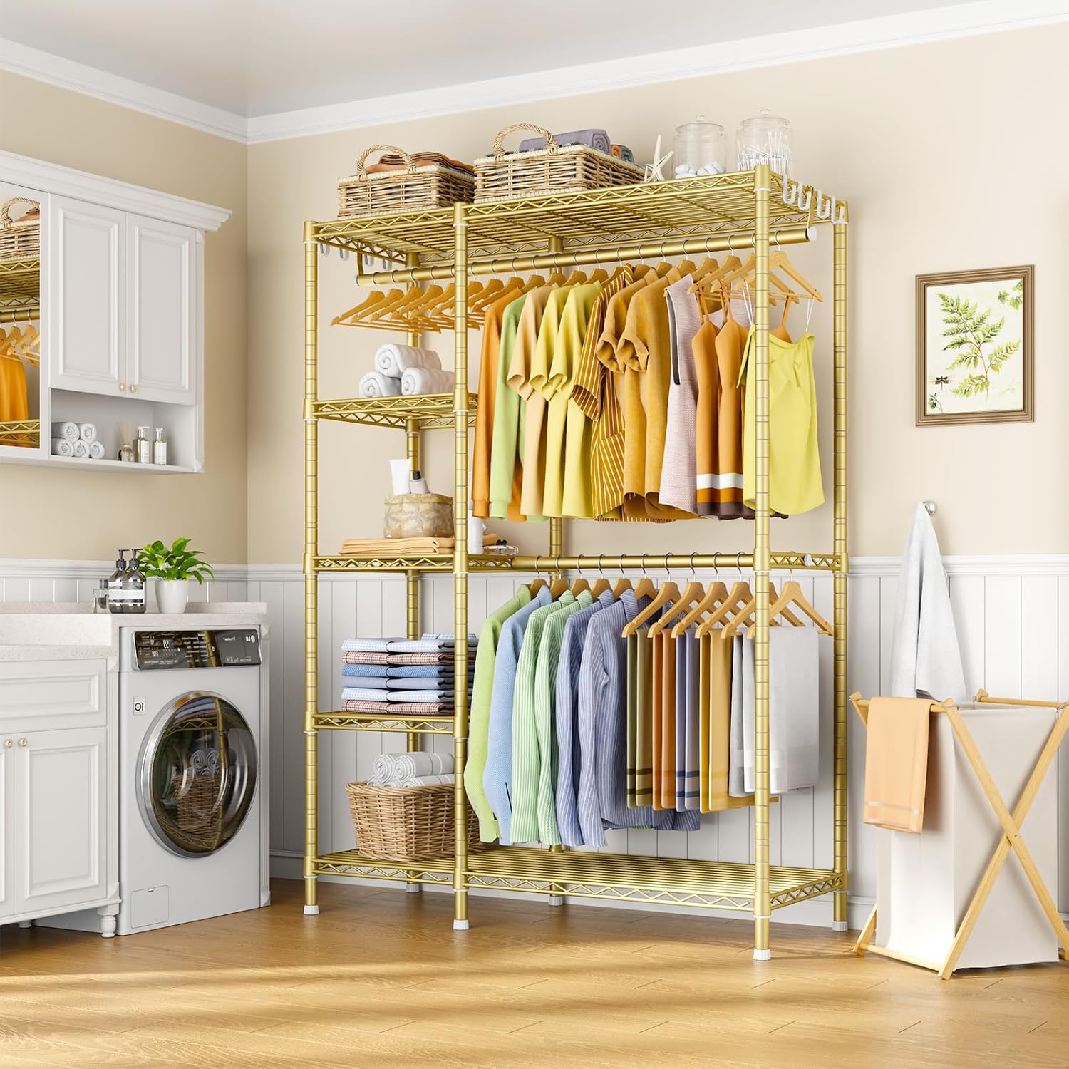 Ulif F2 Clothes Rack, 5 Tiers Heavy Duty Garment Rack for Bedroom, Freestanding Adjustable Closet Storage Organizer, 46.1' W x 15.4' D x 78.3' H, Load 630lbs, Upgraded Gold