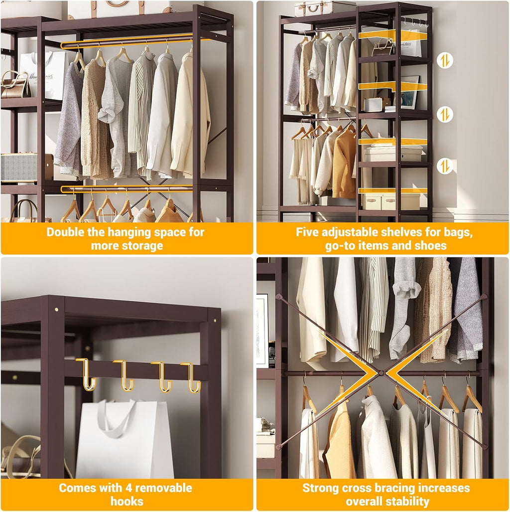 Homykic Closet System Set of 2, Bamboo Clothing Rack for Hanging Clothes with 14 Adjustable Shelves & 4 Rods, Freestanding Clothes Rack with 4 Hooks, Open Wardrobe Organizer Garment Rack, Espresso