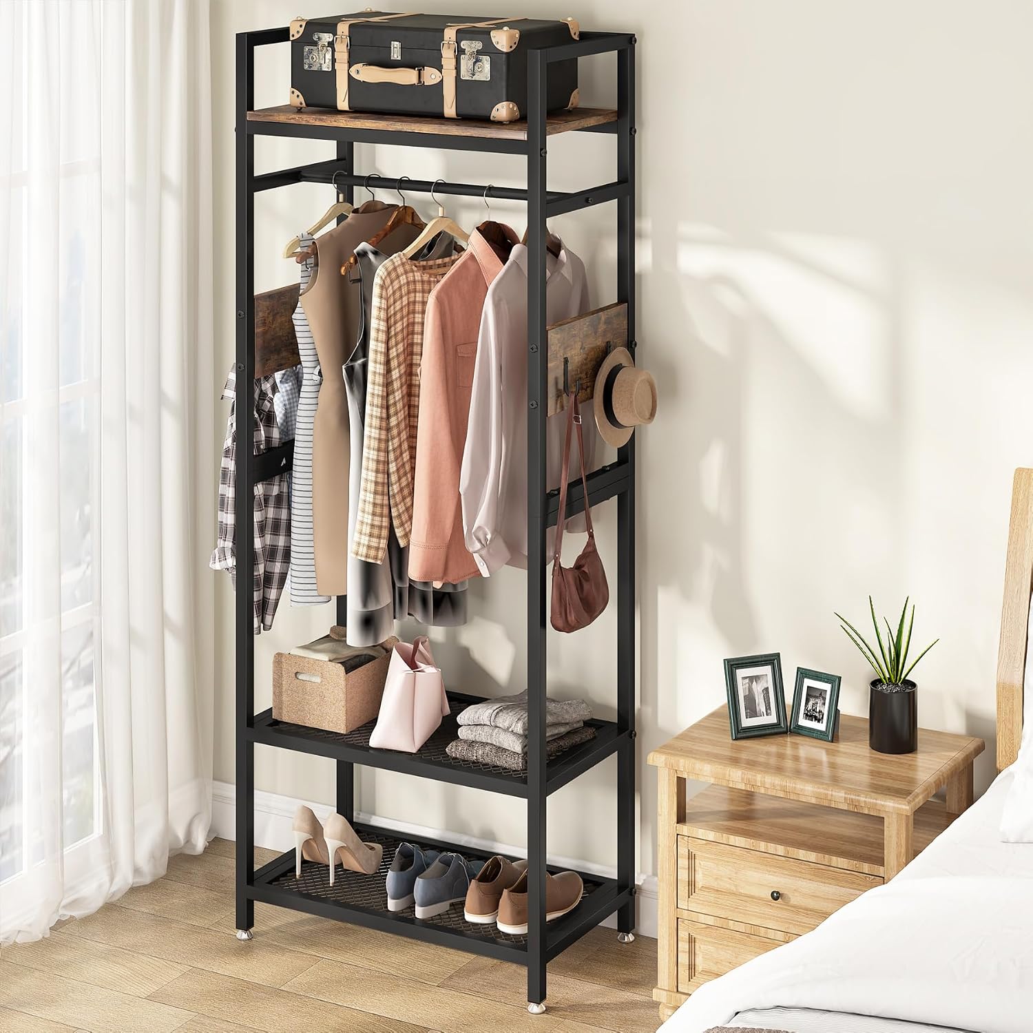 Tribesigns 69-inch Tall Narrow Clothes Garment Rack, Small Heavy Duty Closet Organizer with Shelves and Hooks, Freestanding Clothes Hanging Rack open wardrobe for Bedroom, Brown & Black