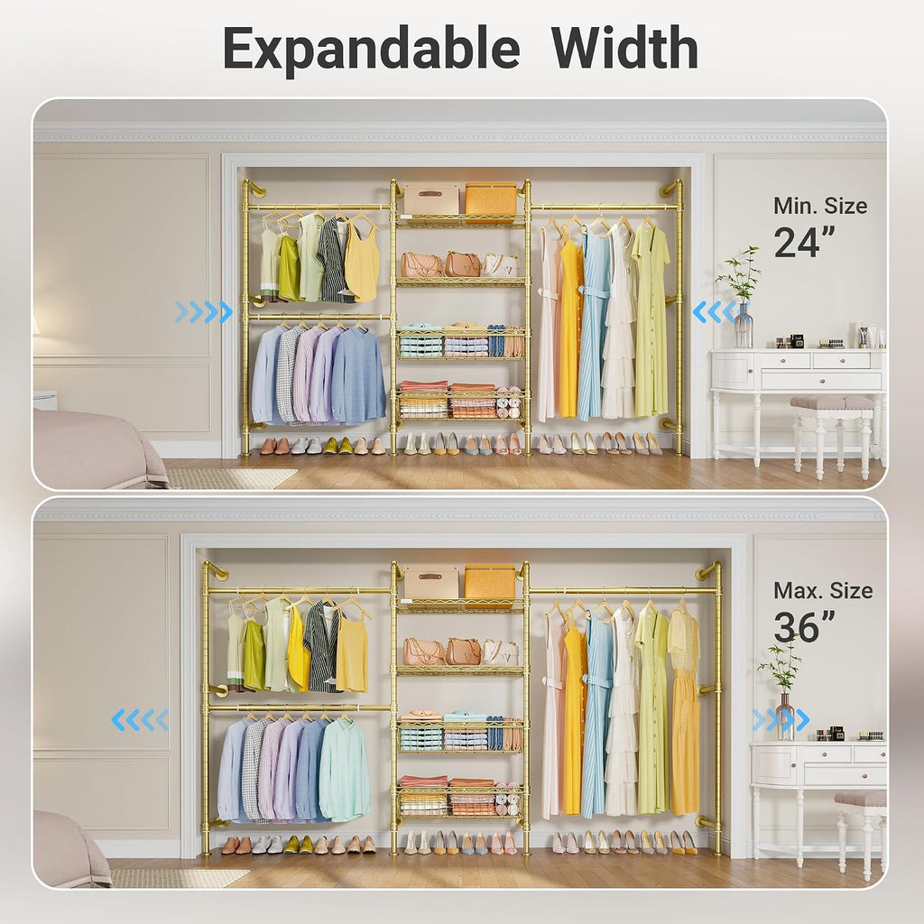 Timate X3 Expandable Heavy Duty Clothes Rack Wall Mounted Clothing Rack for Hanging Clothes, Industrial Pipe Closet System for Walk in Closet Kit, Wall Mount Clothes Rack with Basket, Gold Wall Closet