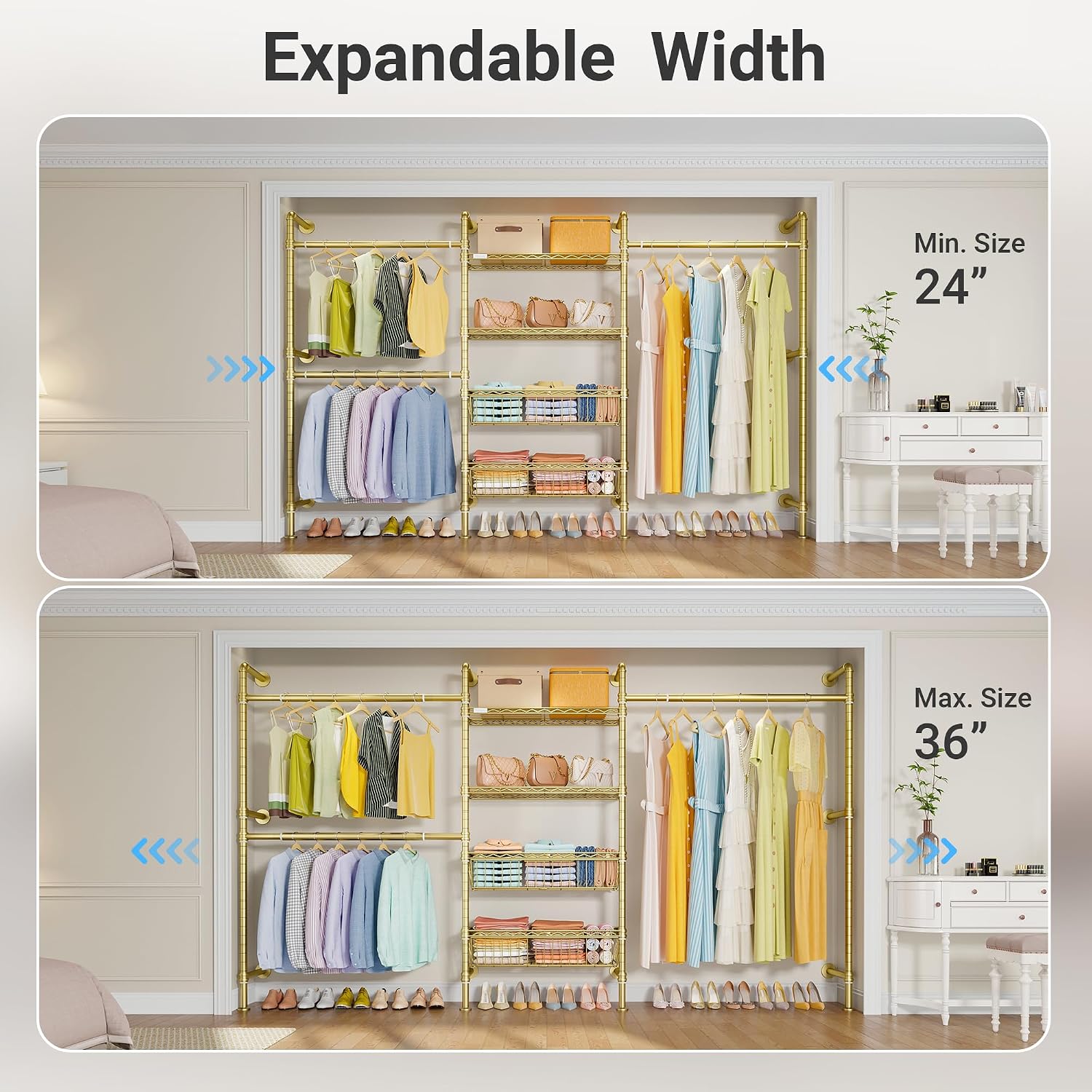 Timate X3 Expandable Heavy Duty Clothes Rack Wall Mounted Clothing Rack for Hanging Clothes, Industrial Pipe Closet System for Walk in Closet Kit, Wall Mount Clothes Rack with Basket, Gold Wall Closet
