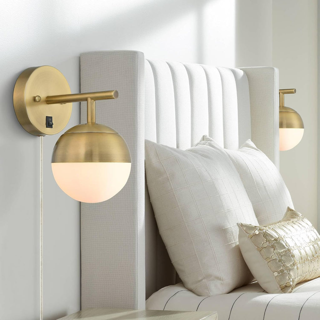360 Lighting Luna Mid Century Modern Wall Lamps Set of 2 Brass Metal Plug-in 5 1/2' Fixture Frosted Glass Sphere Shade for Bedroom Bedside House Reading Living Room Home Hallway Dining