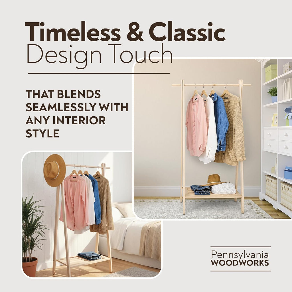 Pennsylvania Woodworks Handcrafted Maple Garment Rack - Sleek & Stylish Clothing Storage, Home Organization, Boutique Display, Coat Rack, Laundry Room Decor - Made in the USA (Medium)
